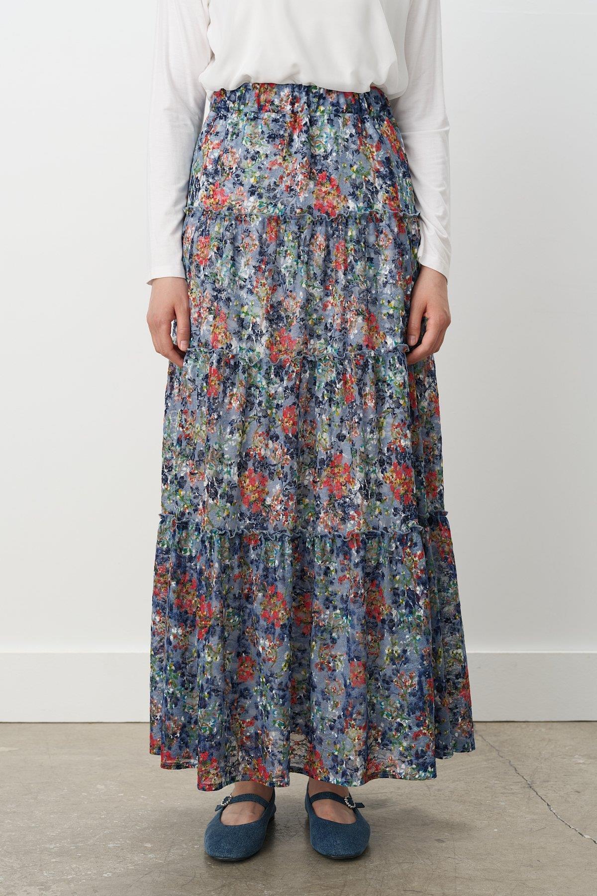 Nihan Beli Lastikli Çingene Poly. Viskon Etek İndigo