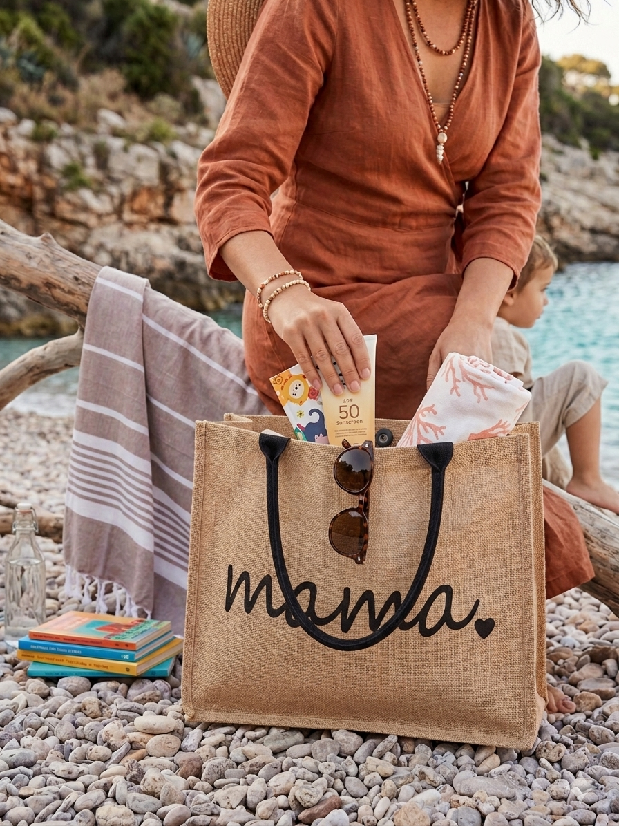 GNC DESİGN Natural Kadın Jüt Mama Desenli Hasır Plaj Çantası