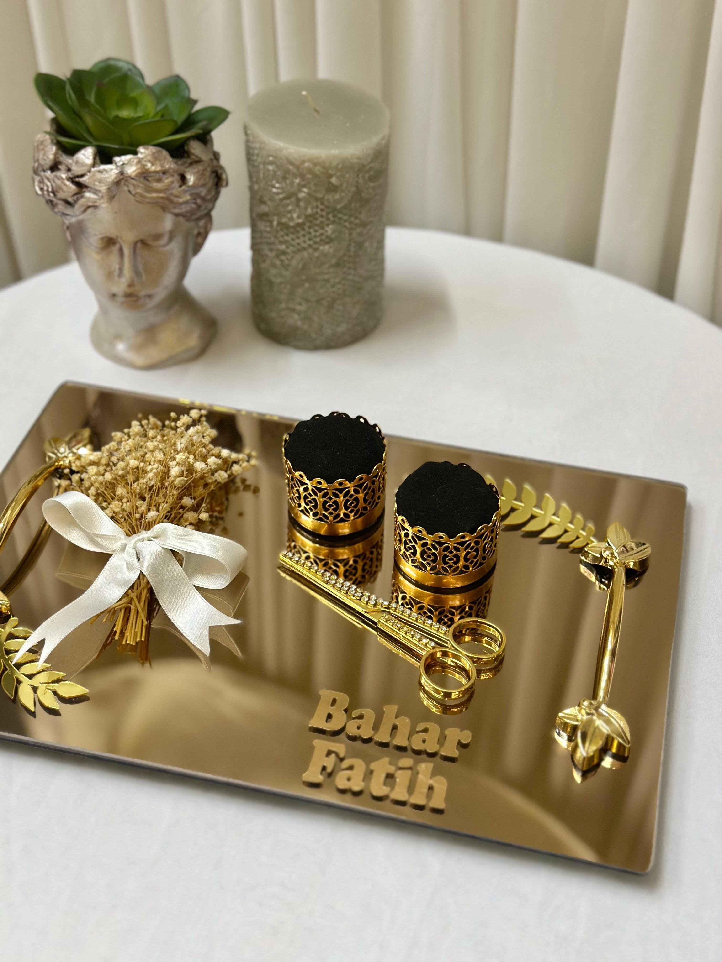İsimli Aynalı Söz Nişan Tepsi Seti Damat Kahve Fincan Tepsisi