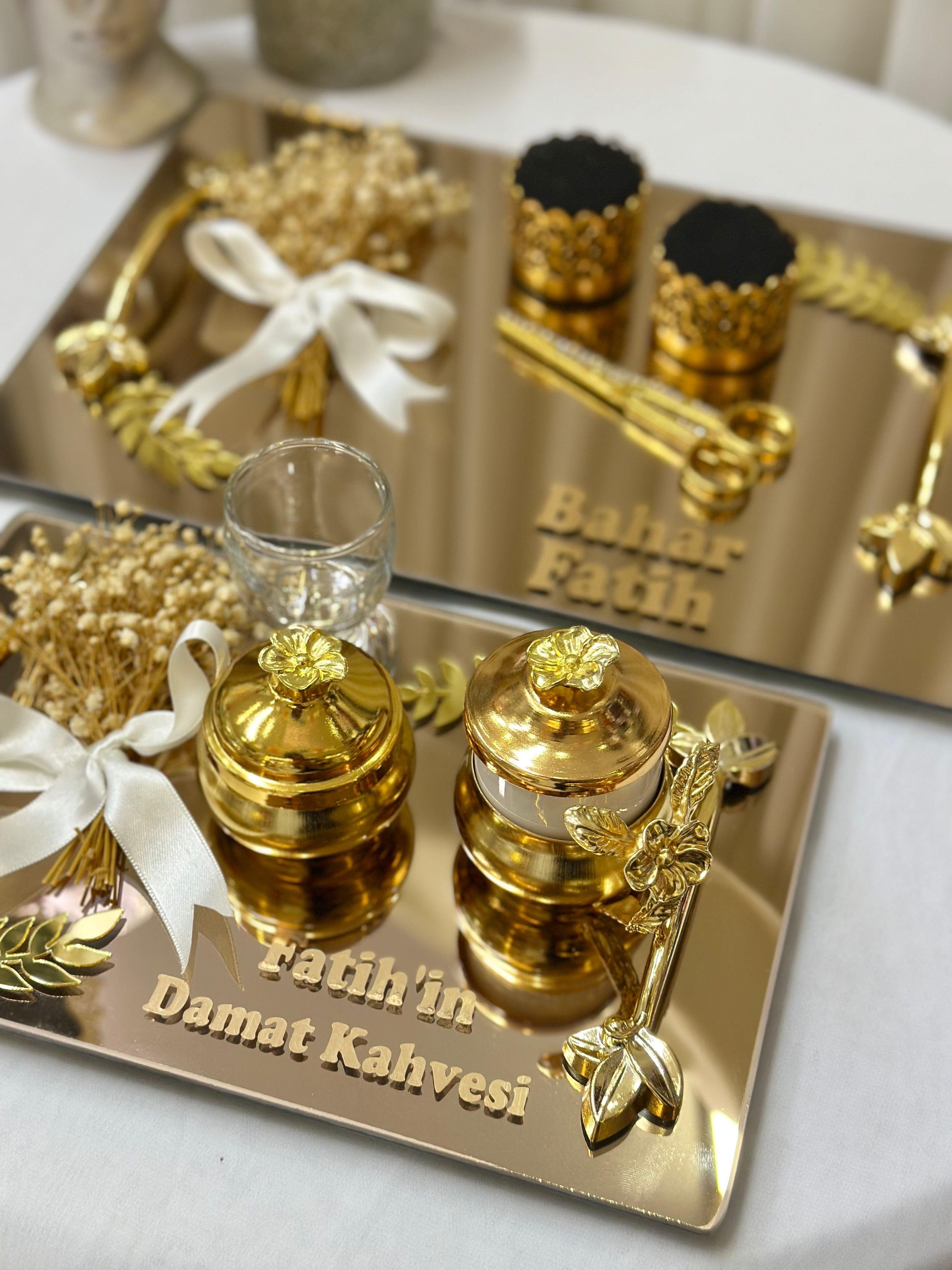 İsimli Aynalı Söz Nişan Tepsi Seti Damat Kahve Fincan Tepsisi