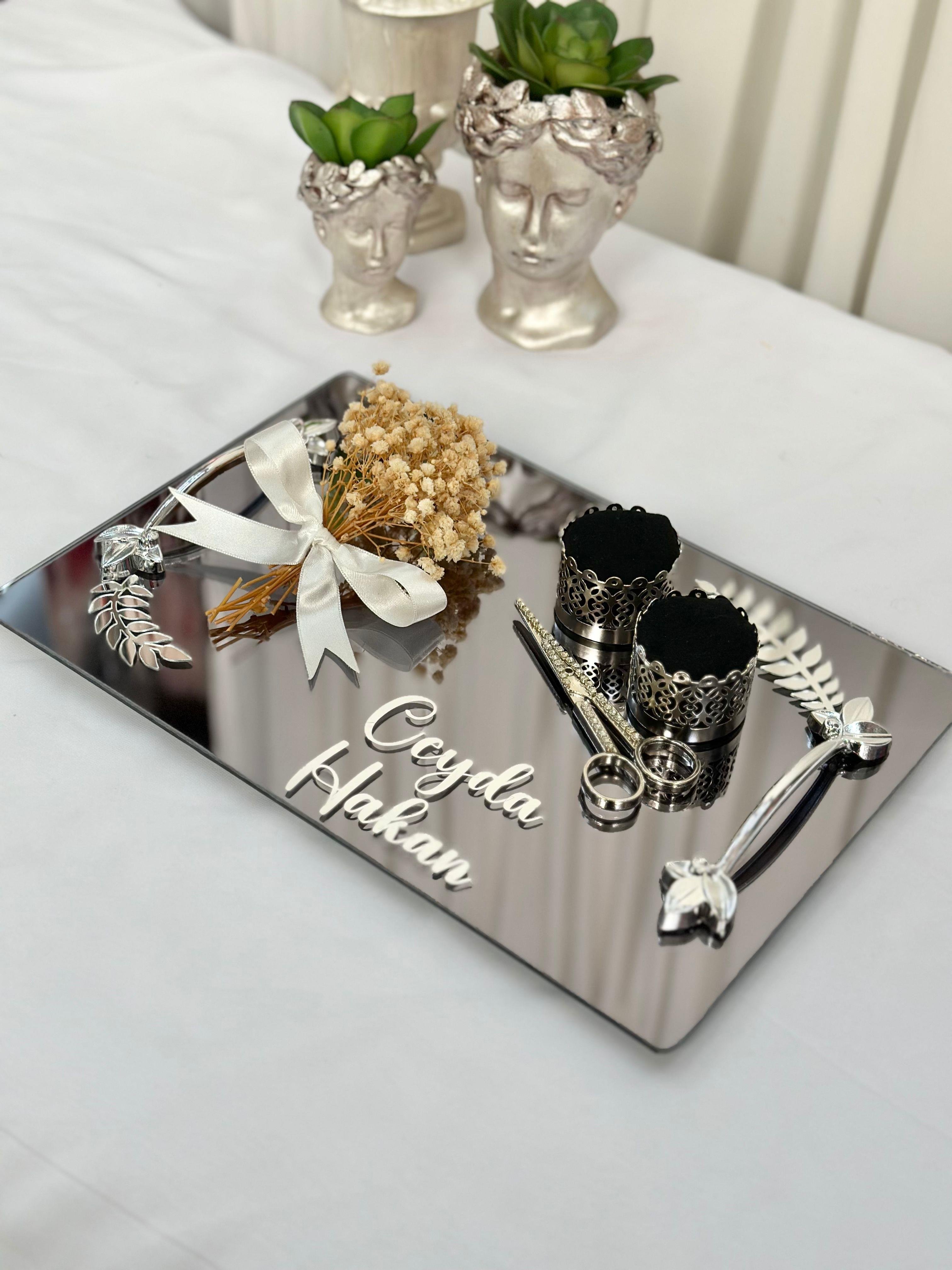 İsimli Aynalı Söz Nişan Tepsi Seti Damat Kahve Fincan Tepsisi