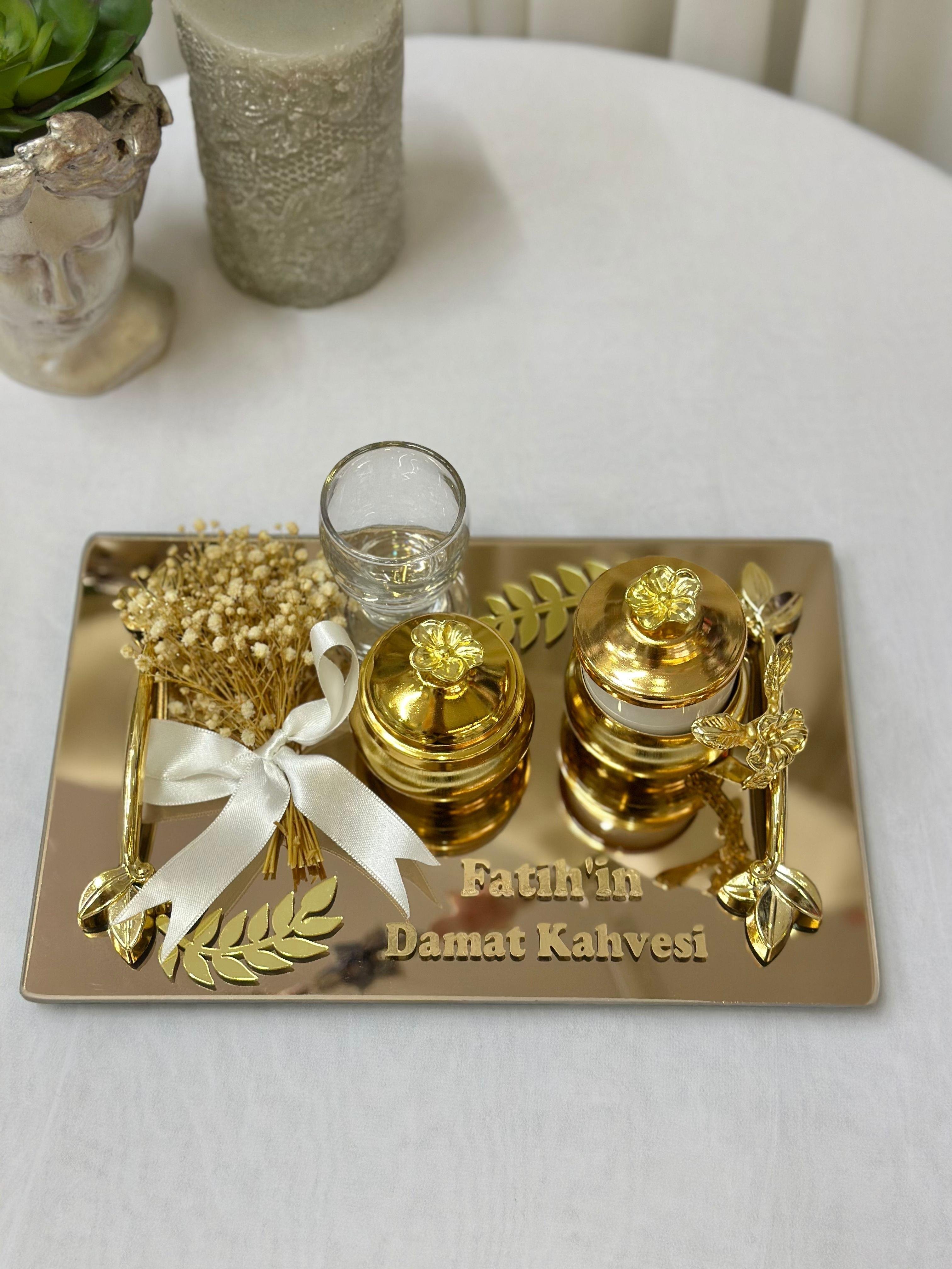 İsimli Aynalı Söz Nişan Tepsi Seti Damat Kahve Fincan Tepsisi