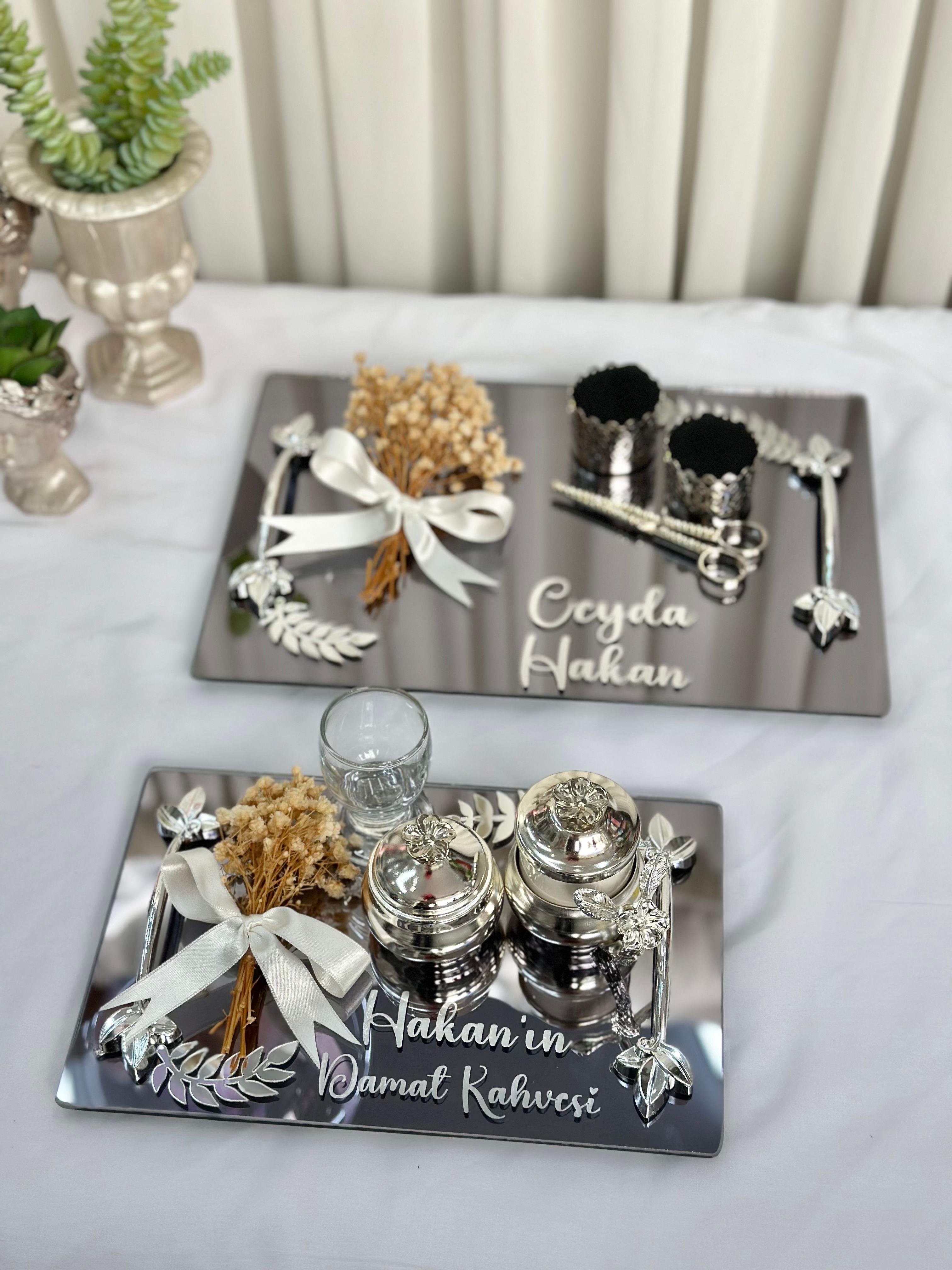 İsimli Aynalı Söz Nişan Tepsi Seti Damat Kahve Fincan Tepsisi