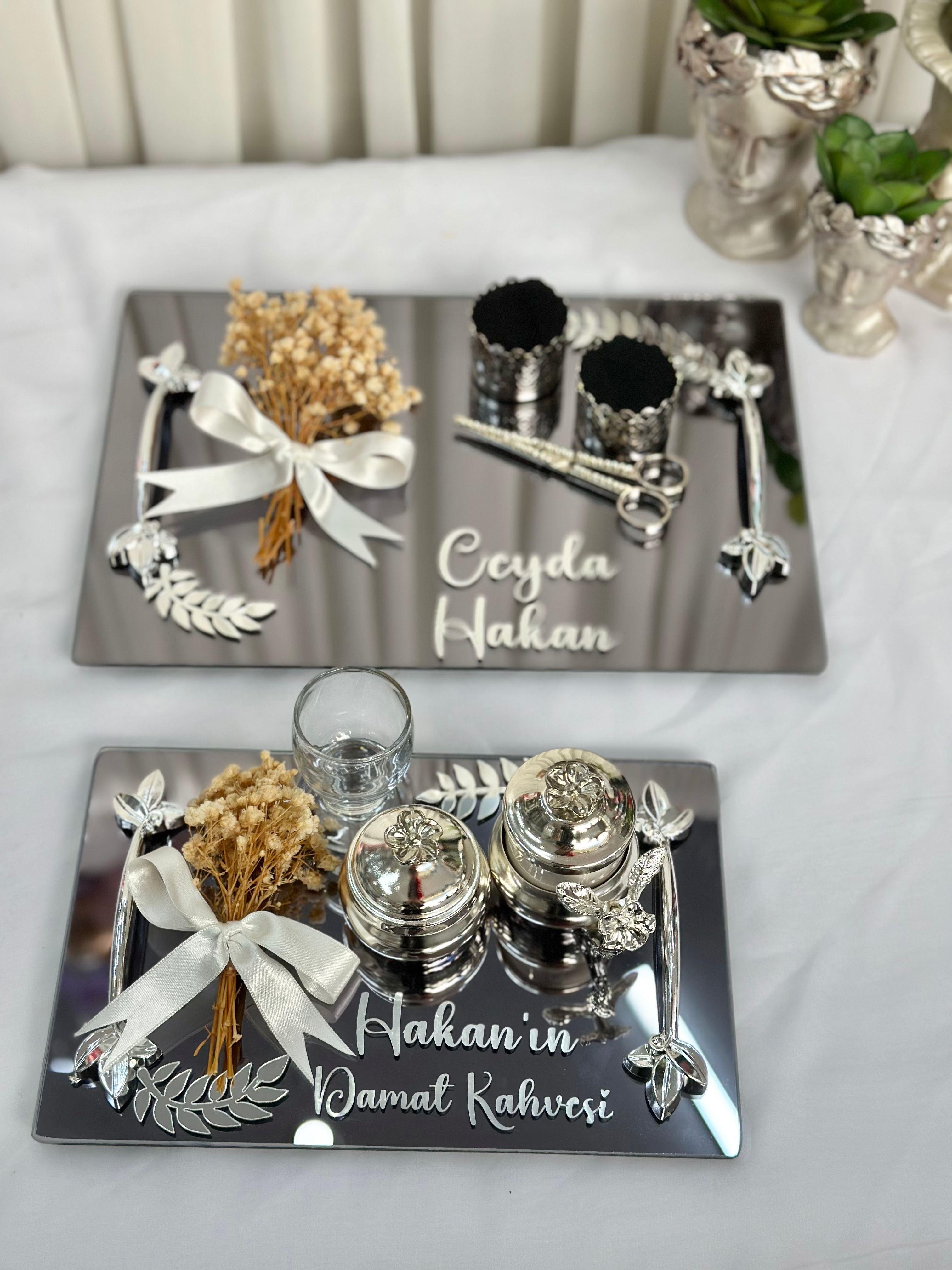 İsimli Aynalı Söz Nişan Tepsi Seti Damat Kahve Fincan Tepsisi