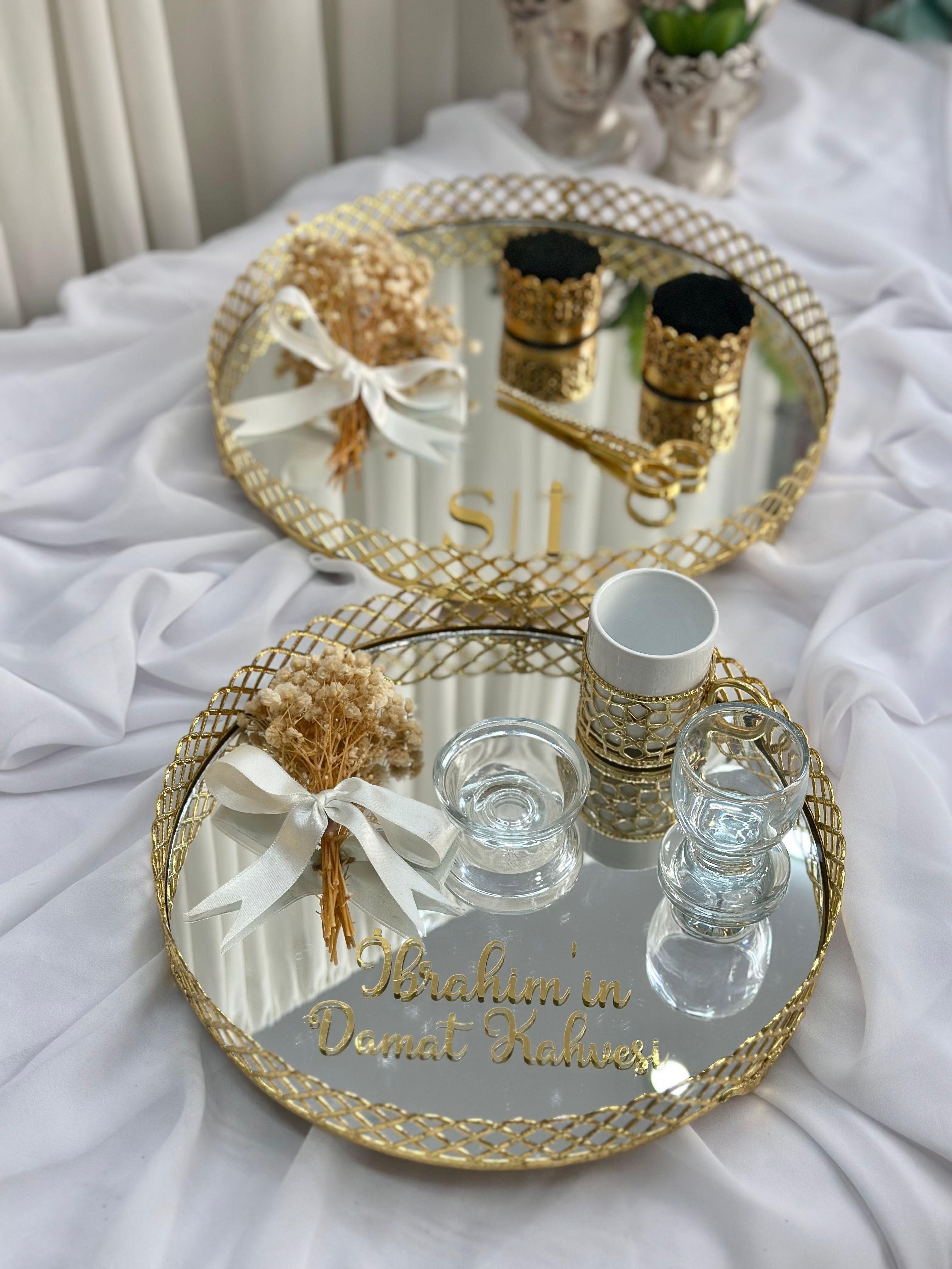 İsimli Baklava Desen Söz Nişan Tepsi Seti Damat Kahve Fincan Takımı