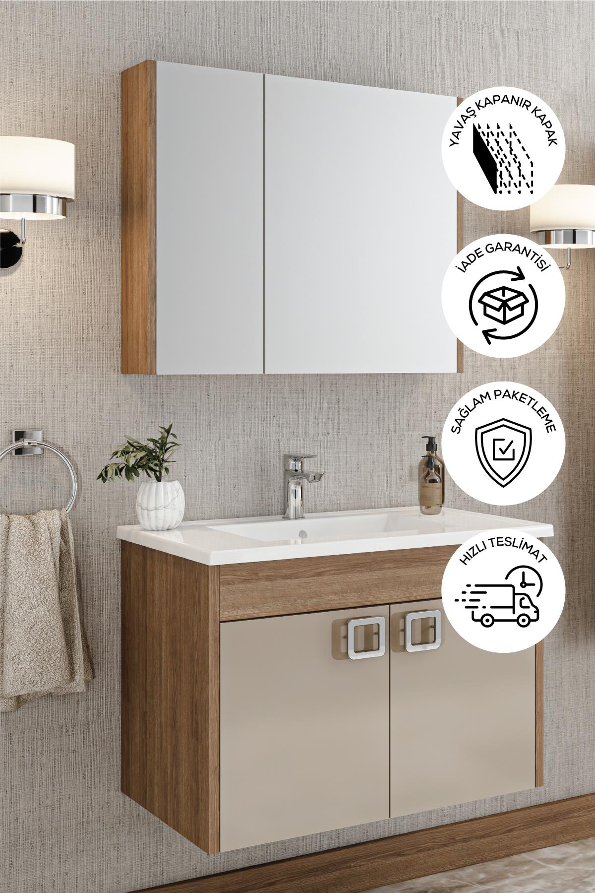  Balneom Banyo Anemon 80cm Banyo Dolabı Aynalı Dolaplı Üst Dolap Lavabo