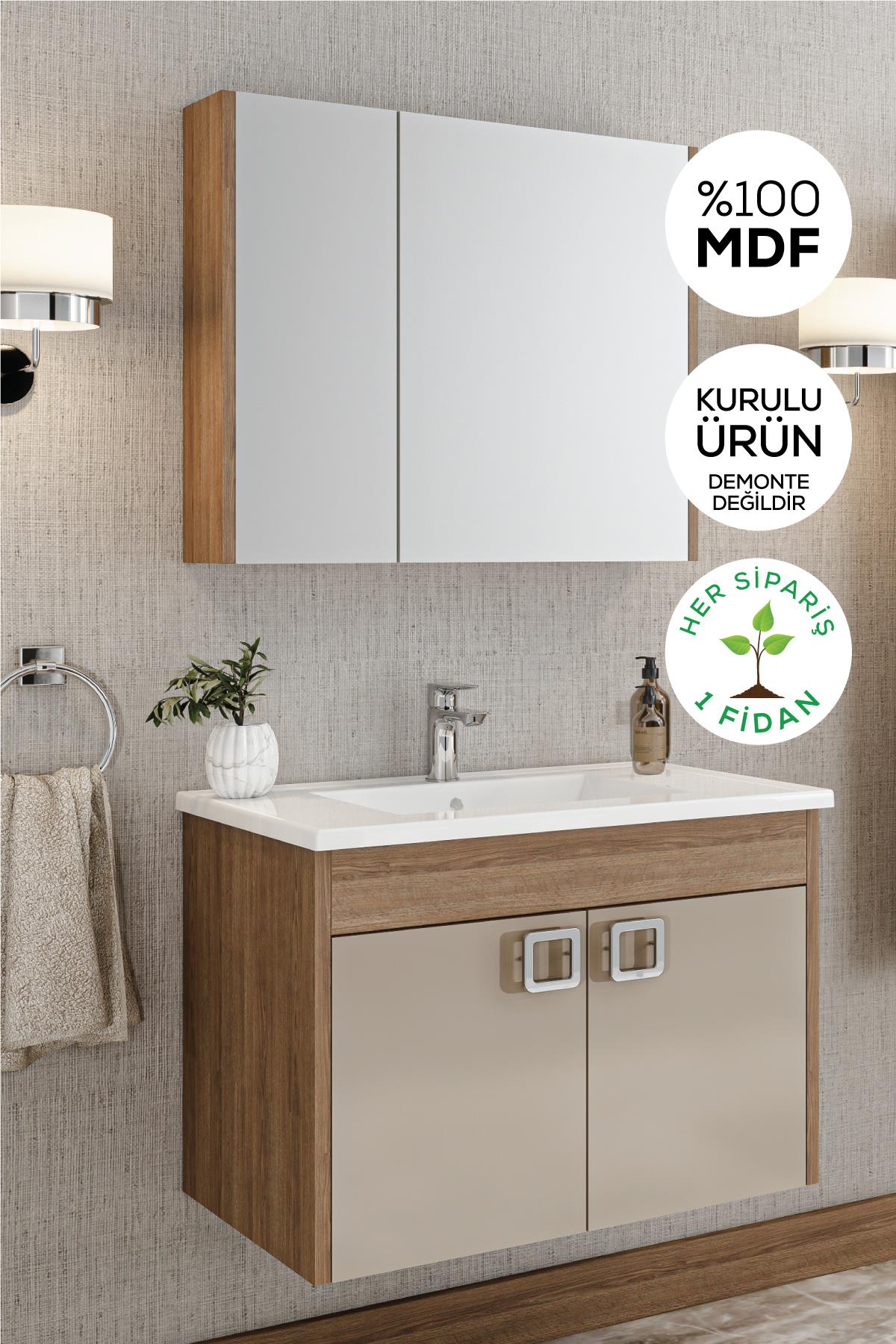  Balneom Banyo Anemon 80cm Banyo Dolabı Aynalı Dolaplı Üst Dolap Lavabo