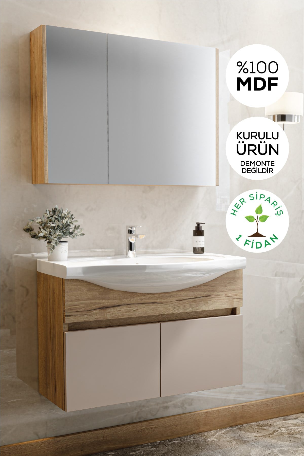  Balneom Banyo Sümbül 65 Cm Banyo Dolabı Aynalı Dolaplı Üst Dolap Lavabo 