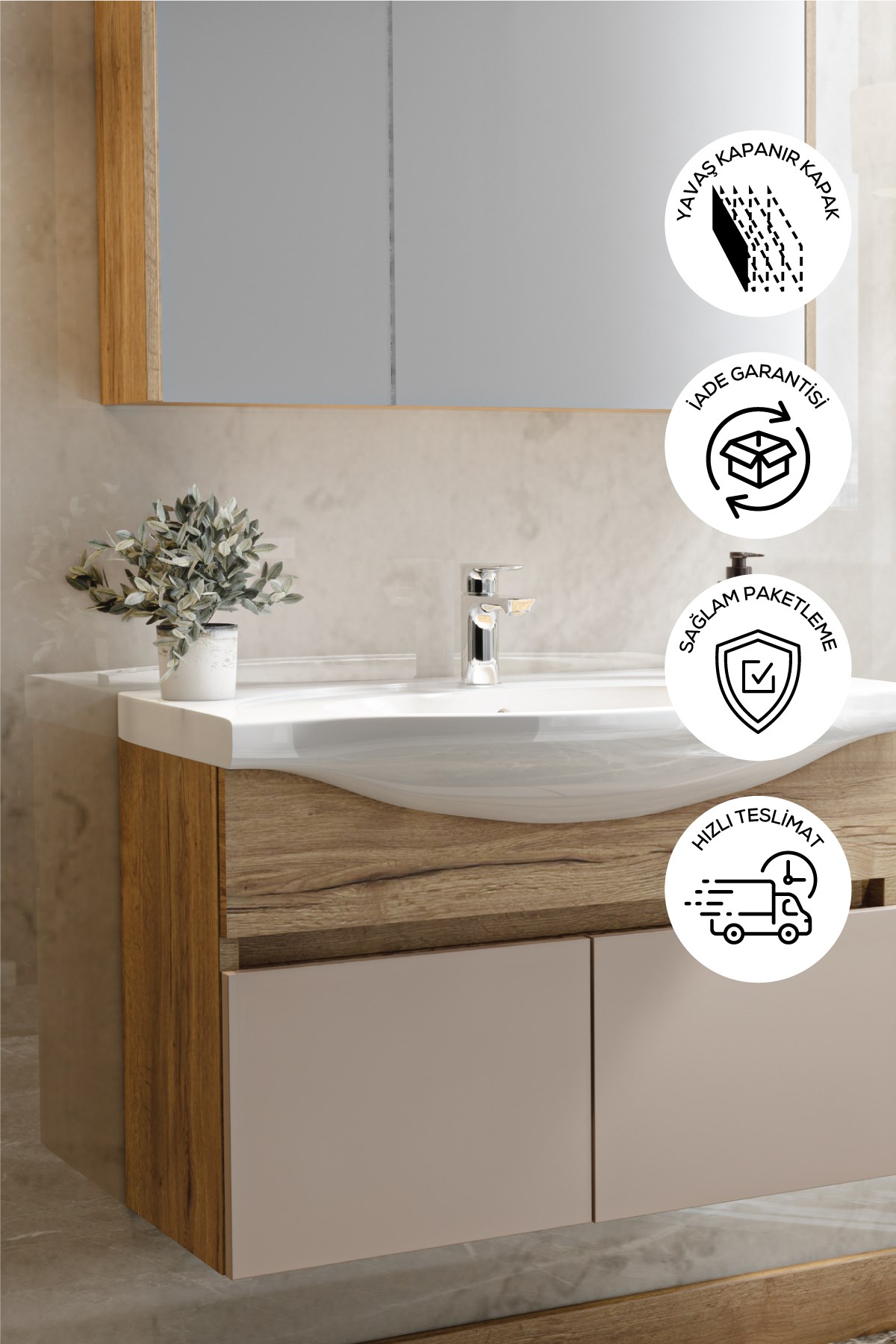  Balneom Banyo Sümbül 65 Cm Banyo Dolabı Aynalı Dolaplı Üst Dolap Lavabo 