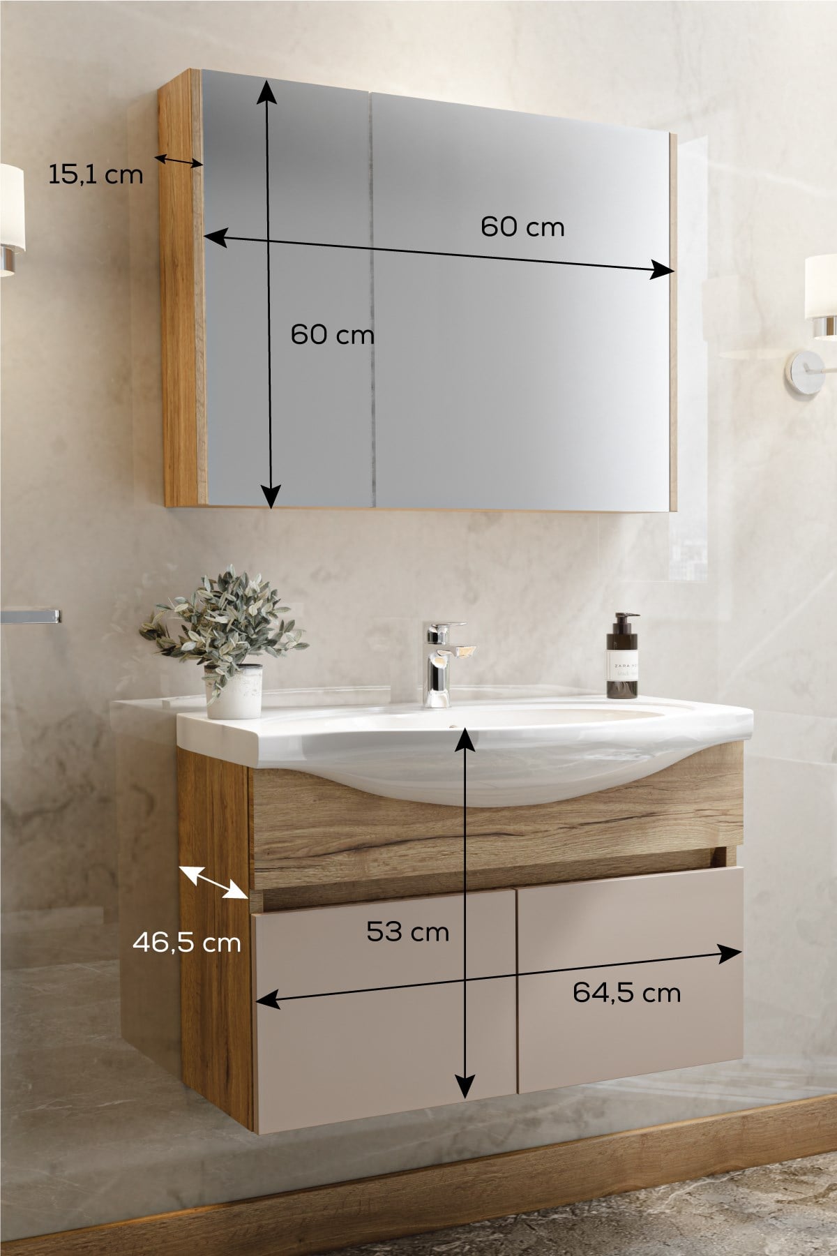  Balneom Banyo Sümbül 65 Cm Banyo Dolabı Aynalı Dolaplı Üst Dolap Lavabo 