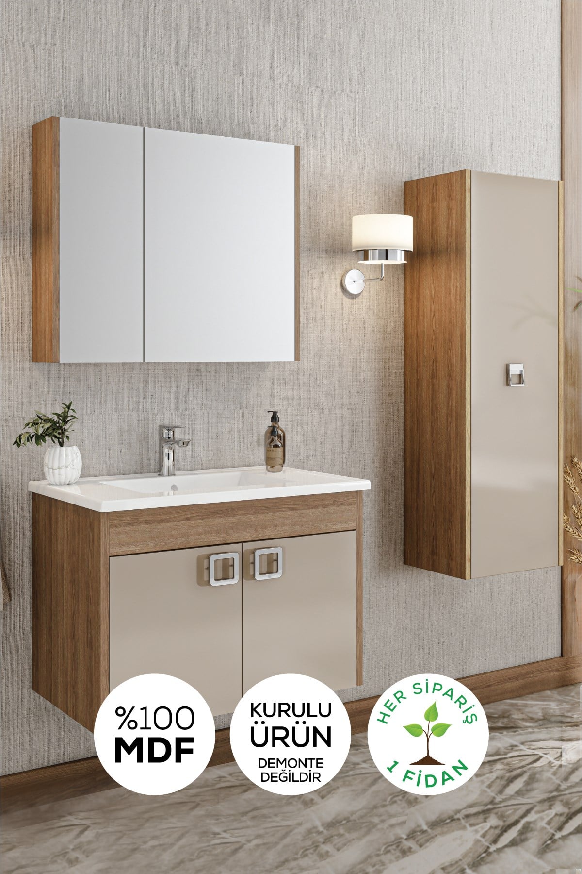 Banyo Anemon 65 Cm Banyo Dolabı Dolaplı Aynalı Üst Dolap Boy Dolap