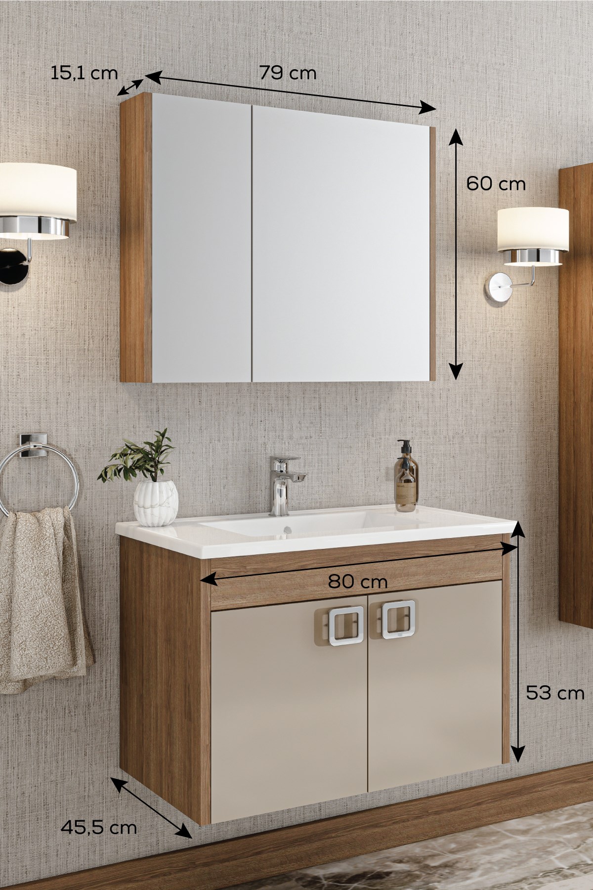  Banyo Anemon 80cm Banyo Dolabı Aynalı Dolaplı Üst Dolap Lavabo