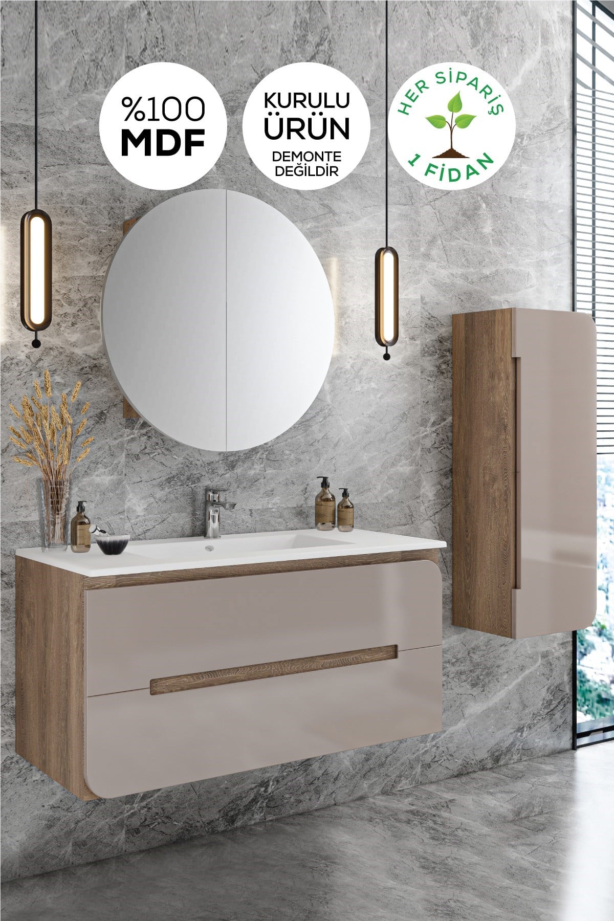  Banyo Orkide Hıgh Gloss 80 Cm Banyo Dolabı Dolaplı Aynalı Üst Dolap Boy Dolabı