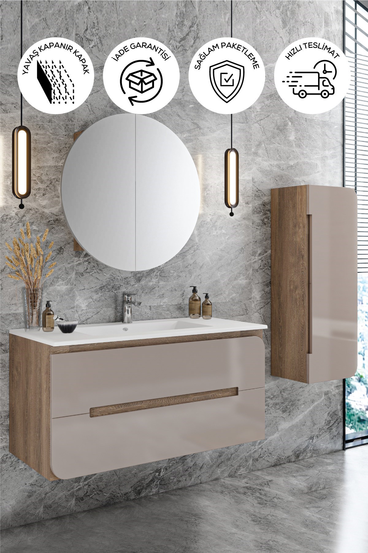  Banyo Orkide Hıgh Gloss 80 Cm Banyo Dolabı Dolaplı Aynalı Üst Dolap Boy Dolabı
