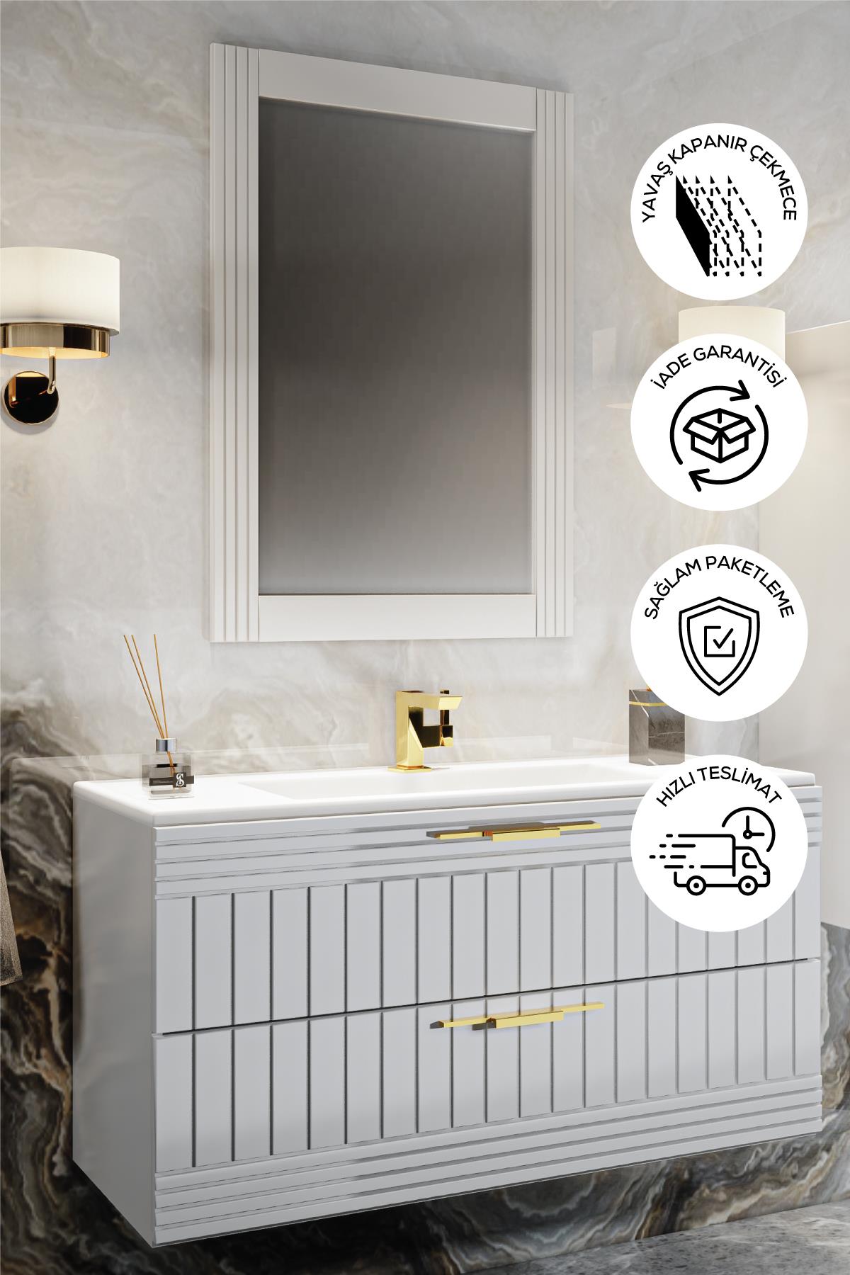 Balneom Banyo Erguvan 80 Cm BEYAZ Lavabolu Banyo Dolabı Aynalı Üst Dolap 