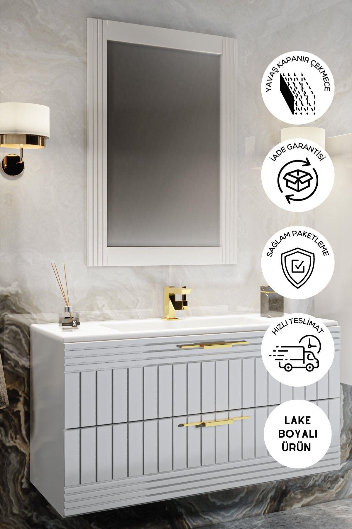 Balneom Banyo Erguvan 80 Cm BEYAZ Lavabolu Banyo Dolabı Aynalı Üst Dolap 