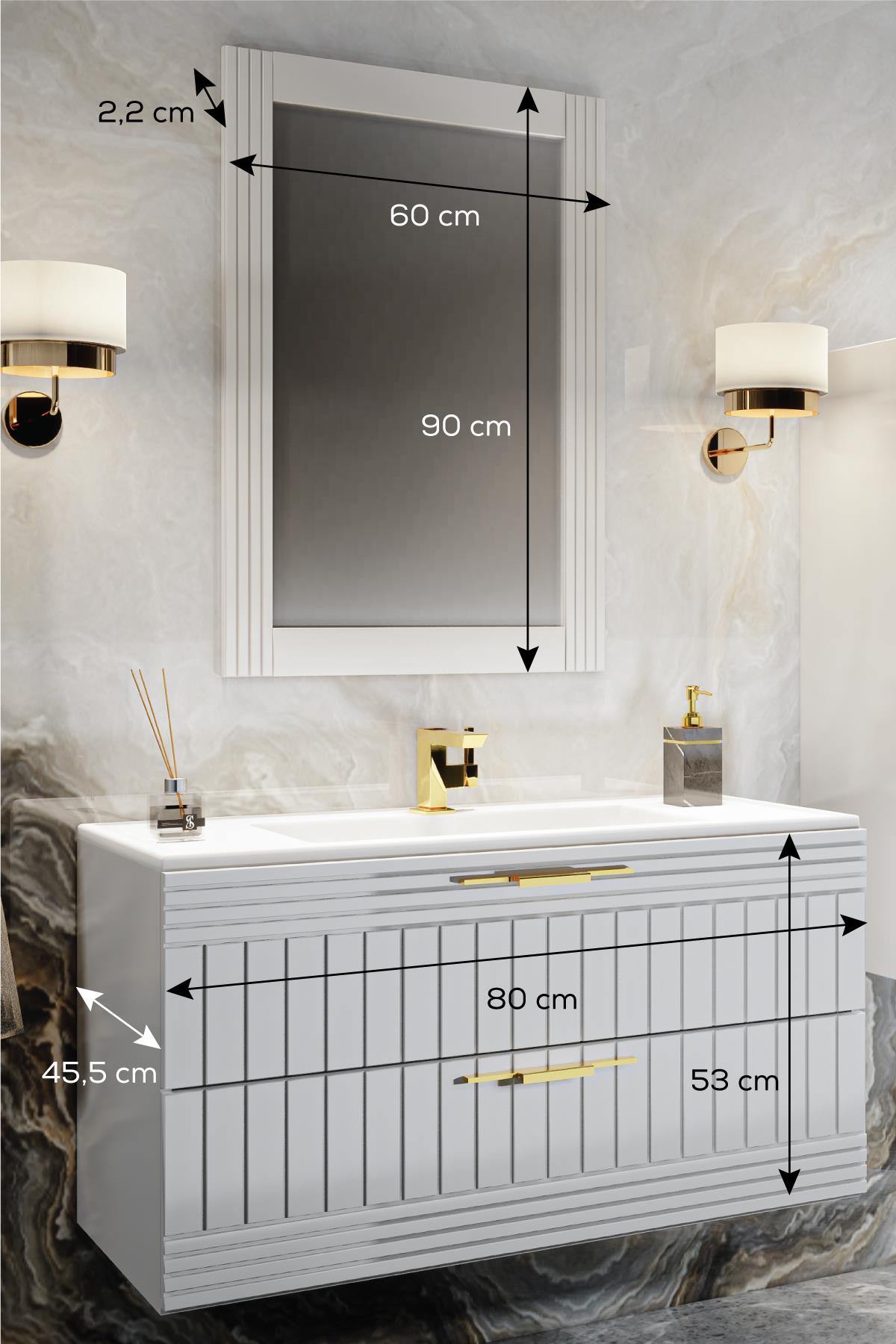 Balneom Banyo Erguvan 80 Cm BEYAZ Lavabolu Banyo Dolabı Aynalı Üst Dolap 