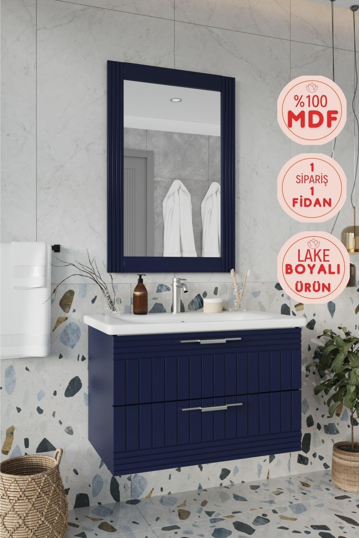 Balneom Banyo Erguvan Gümüş Kulp 80 Cm Lacivert Lavabolu Banyo Dolabı Aynalı Üst Dolap _Erguvan DEMONTE 80 Cm Lacivert Lavabolu Banyo Dolabı Aynalı Üst Dolap | Balneom_BALNEOM_ERGUVAN GÜMÜŞ KULP   LACİVERT 80