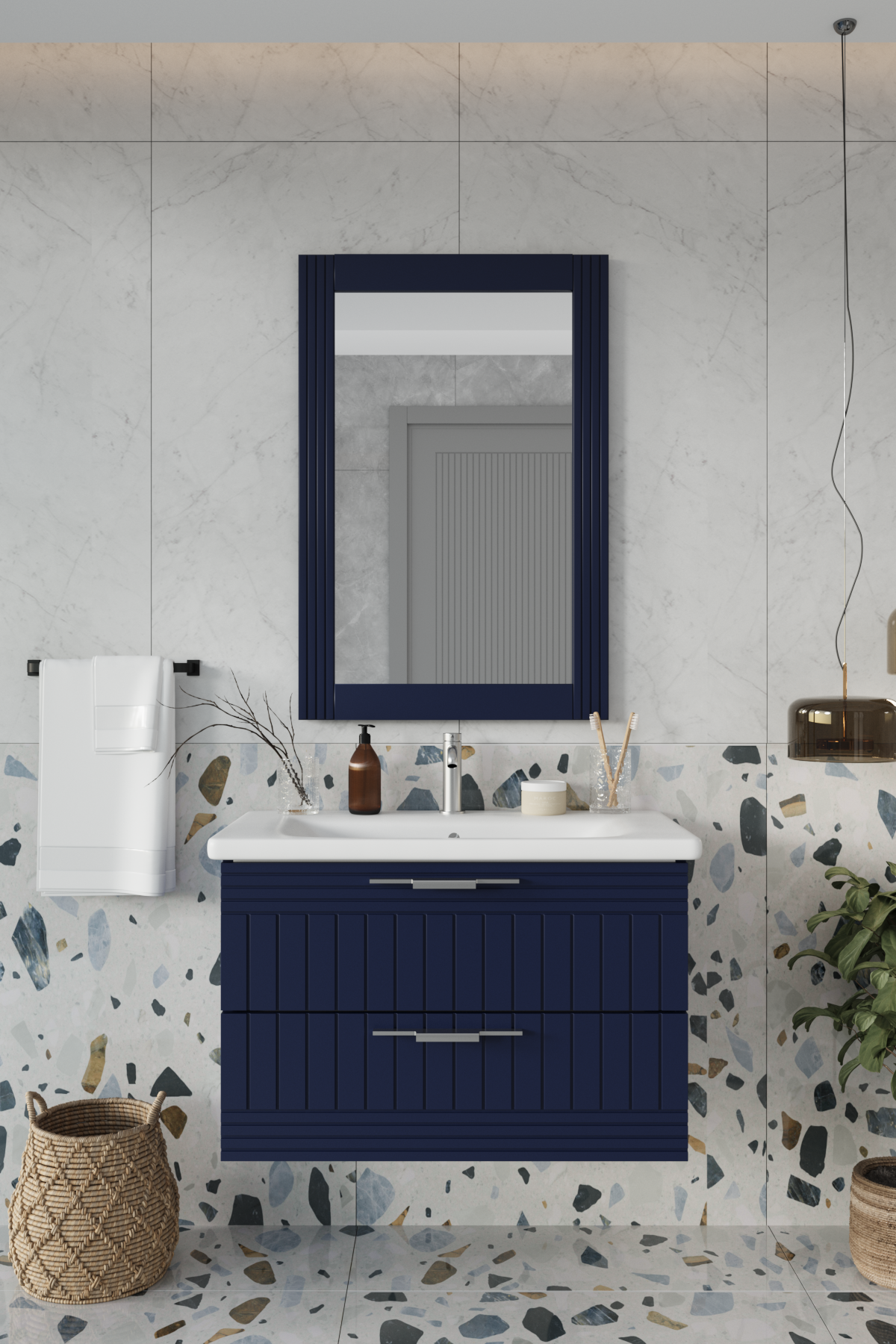 Balneom Banyo Erguvan Gümüş Kulp 80 Cm Lacivert Lavabolu Banyo Dolabı Aynalı Üst Dolap _Erguvan DEMONTE 80 Cm Lacivert Lavabolu Banyo Dolabı Aynalı Üst Dolap | Balneom_BALNEOM_ERGUVAN GÜMÜŞ KULP   LACİVERT 80