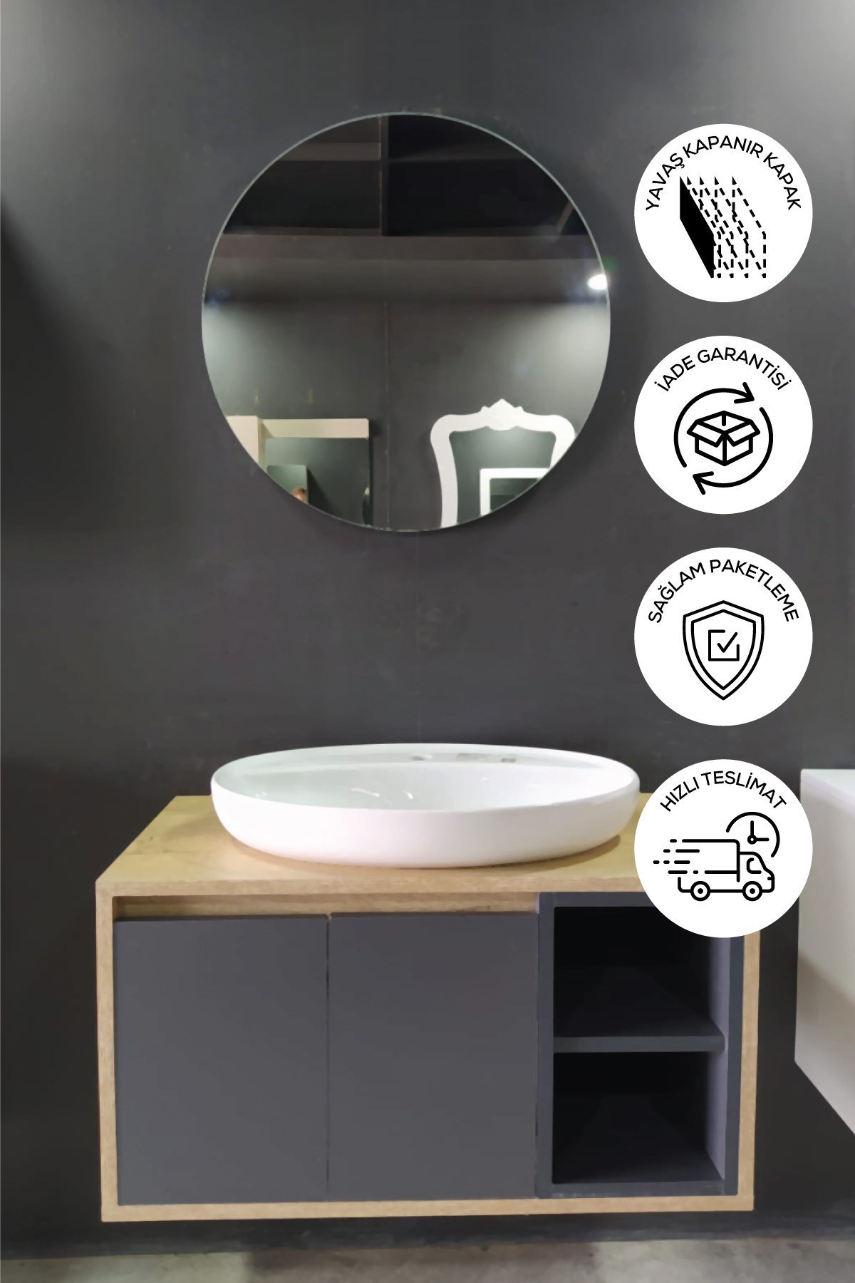 Balneom Banyo Gül 70 Cm Banyo Dolabı Ayna Lavabo 