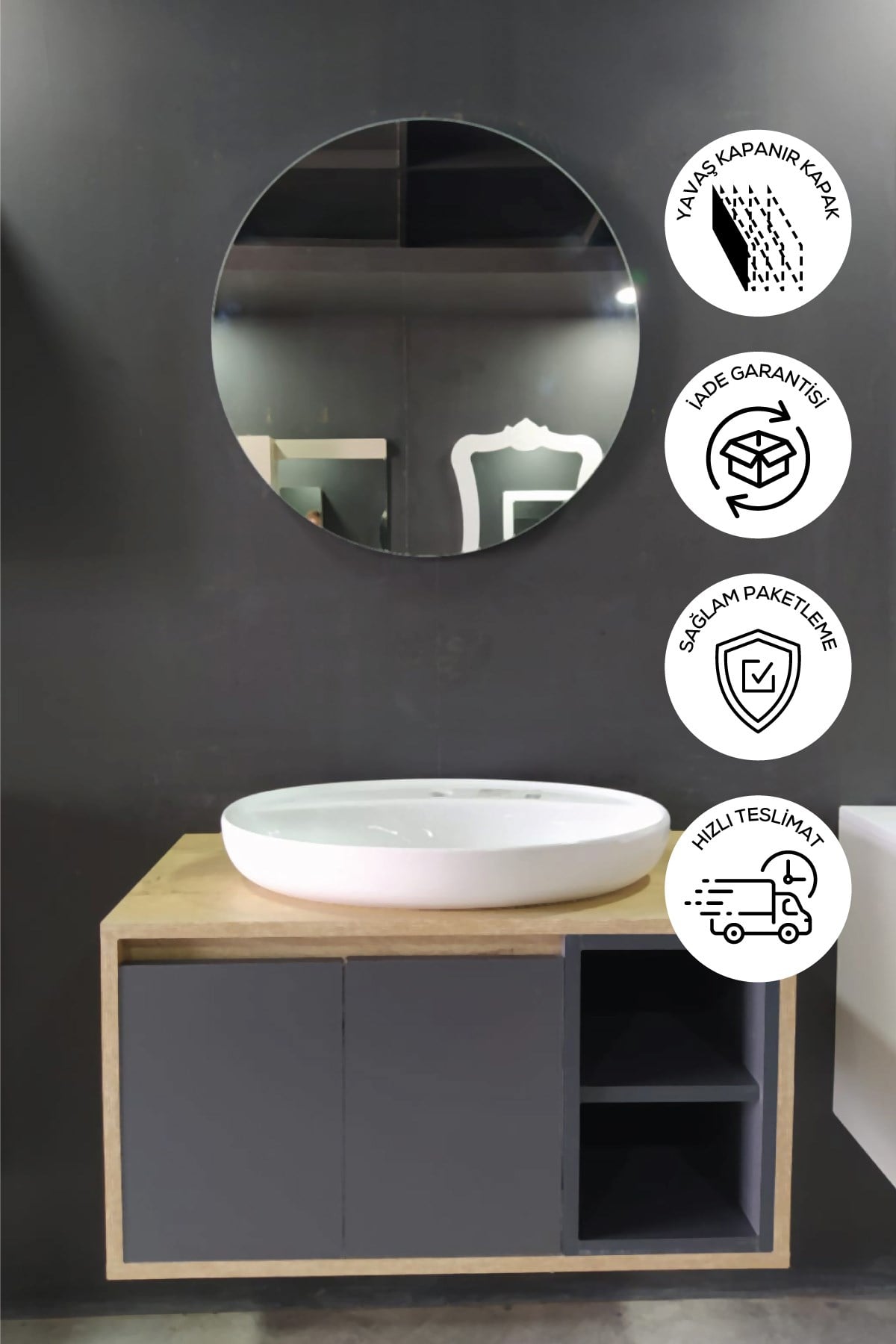 Balneom Banyo Gül 70 Cm Banyo Dolabı Ayna Lavabo 