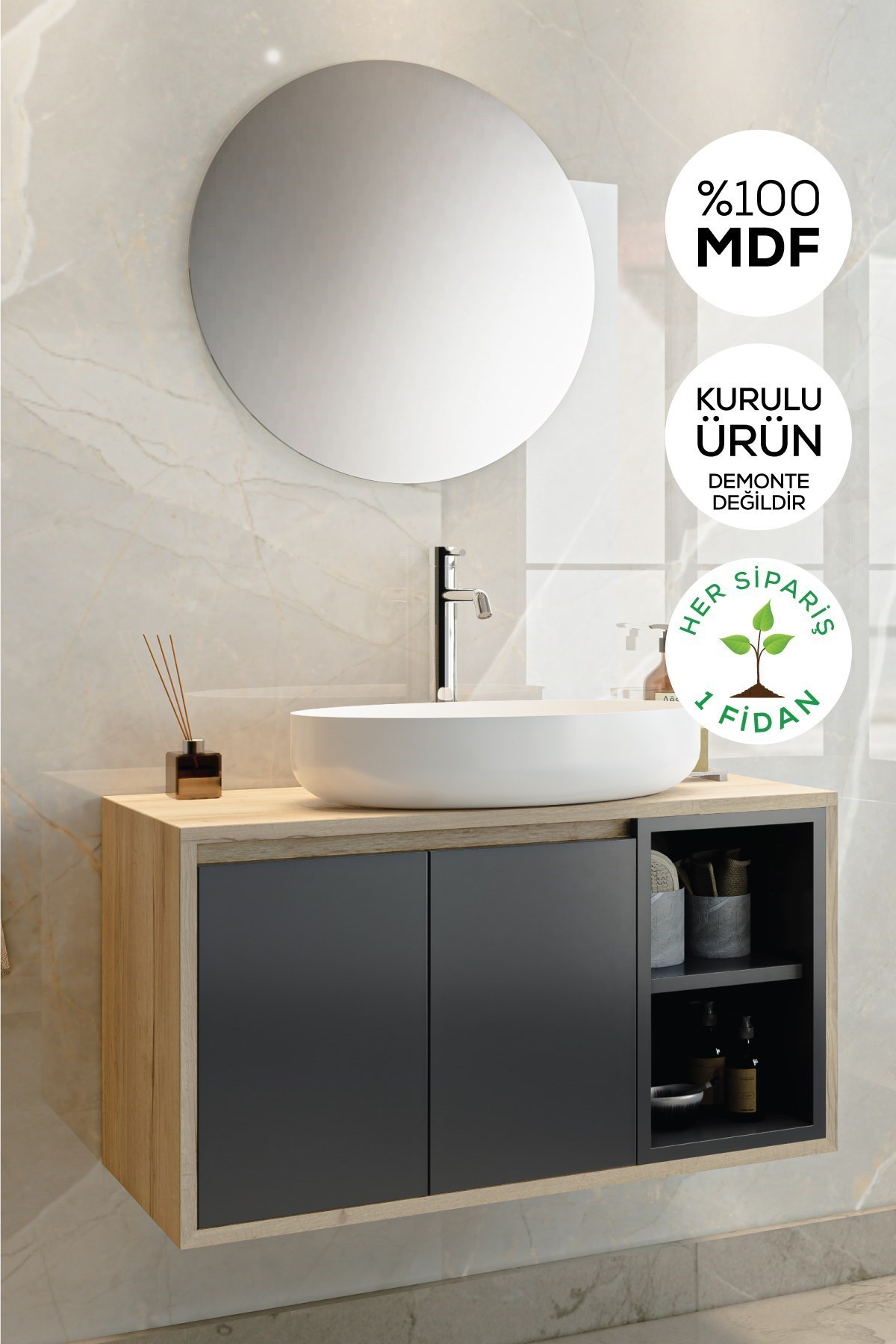 Balneom Banyo Gül 70 Cm Banyo Dolabı Ayna Lavabo 
