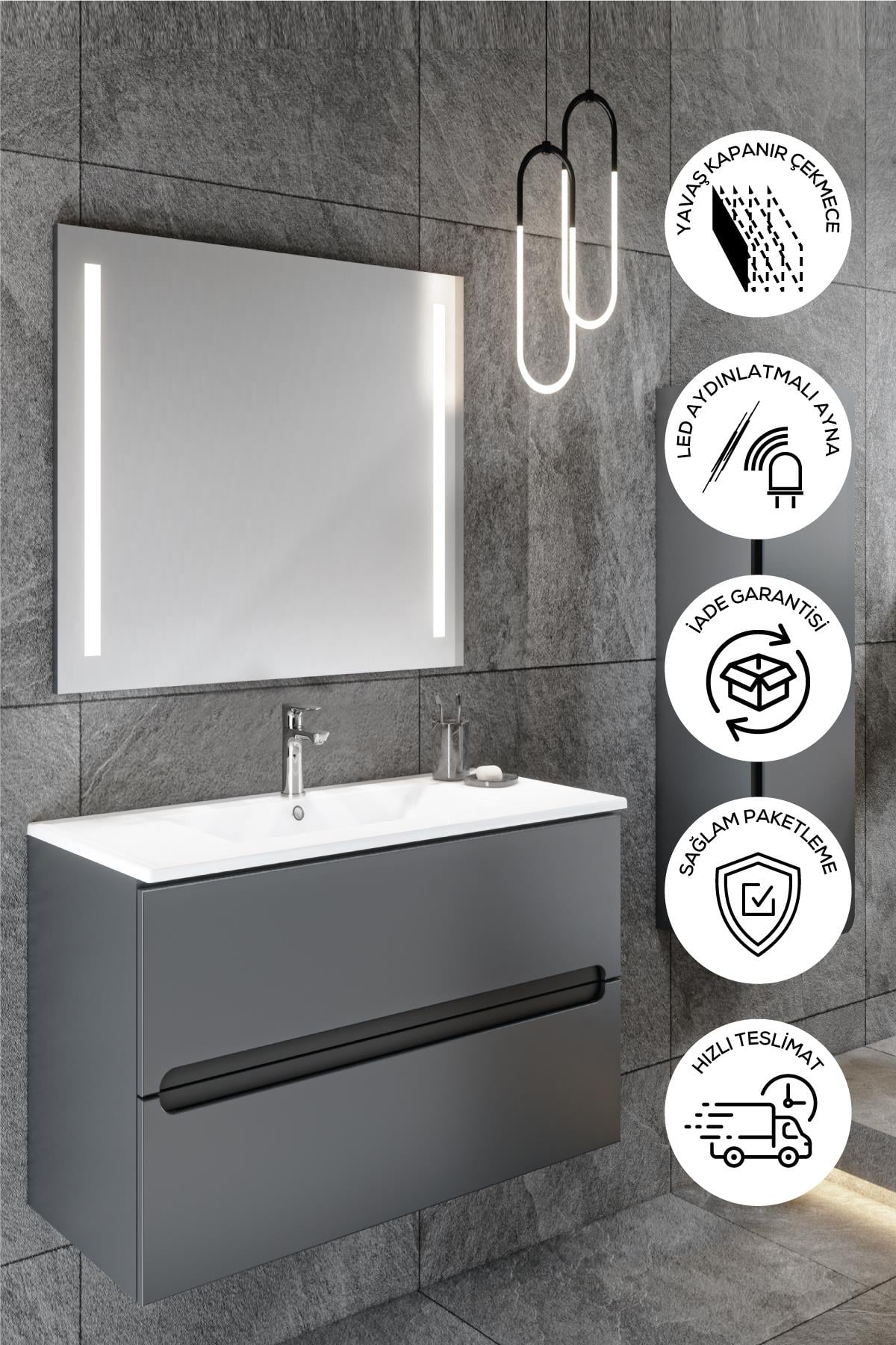 Balneom Banyo Kadife Antrasit Mat Hıgh Gloss 100 Cm Banyo Dolabı Ledli Aynalı Üst Dolap Boy Dolabı 