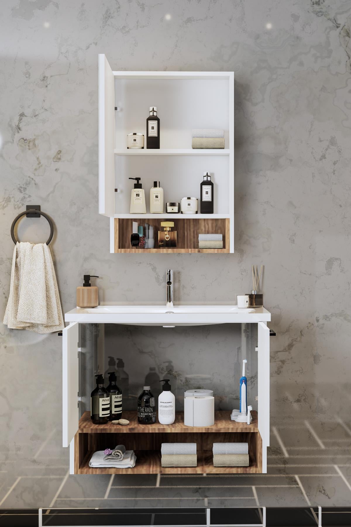 Balneom Banyo Karanfil 80 Cm Beyaz Lavabolu Banyo Dolabı Aynalı Üst Dolap 