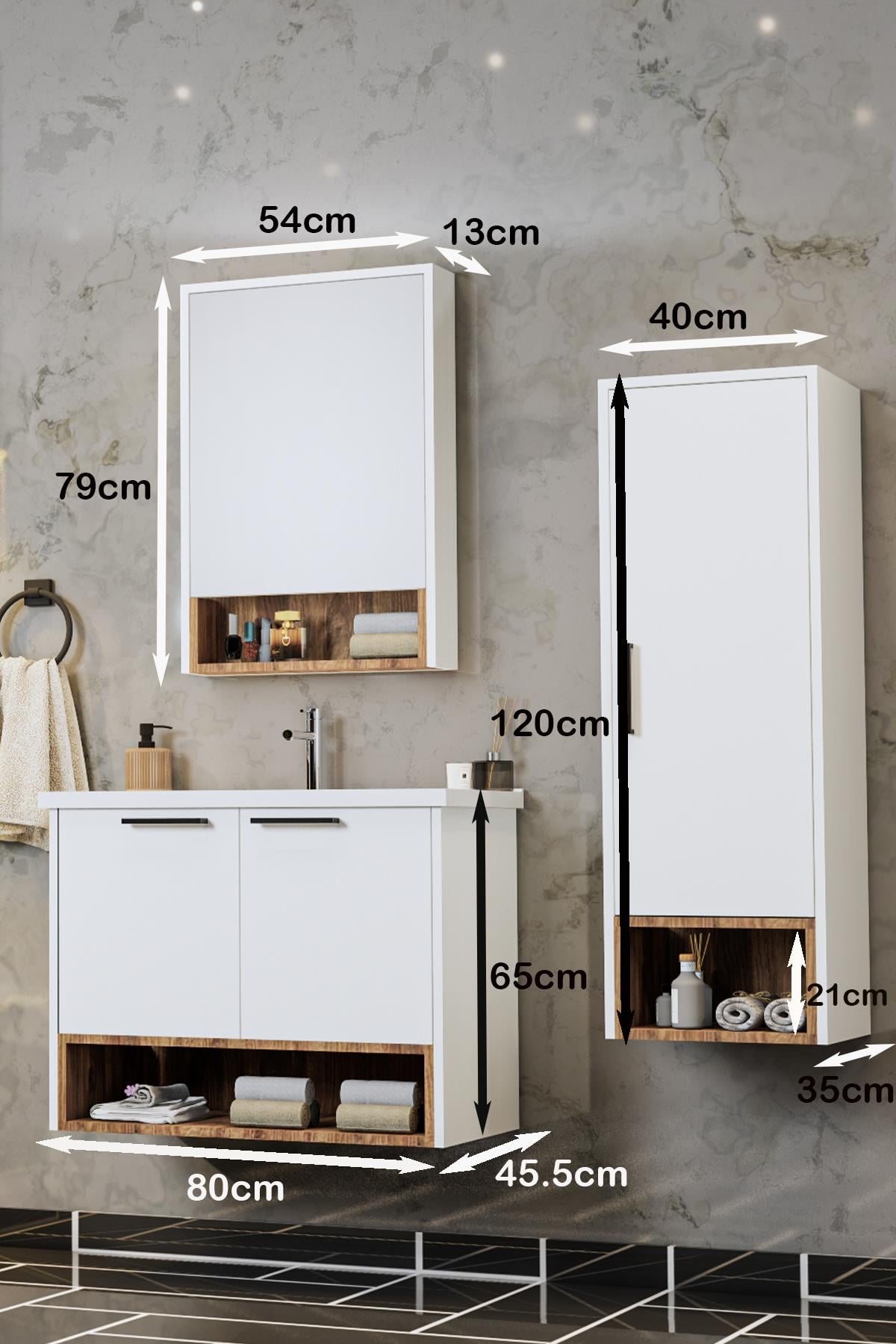 Balneom Banyo Karanfil Beyaz 80 Cm Antrasit Lavabolu Banyo Dolabı Aynalı Üst Dolap Ve Boy Dolabı