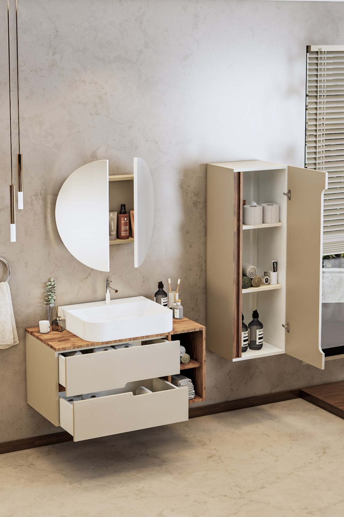 Balneom Banyo Koza 80 Cm Mat Krem Banyo Dolabı Aynalı Dolaplı Üst Dolap Raf ve Lavabo