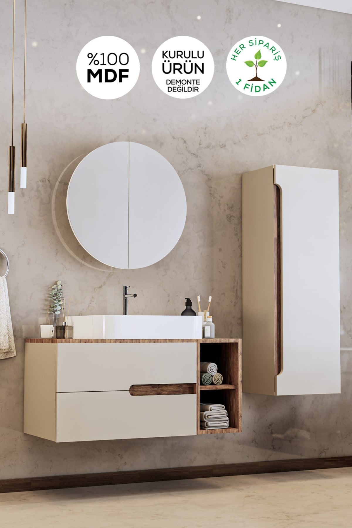 Balneom Banyo Koza 80 Cm Mat Krem Banyo Dolabı Aynalı Dolaplı Üst Dolap Raf ve Lavabo
