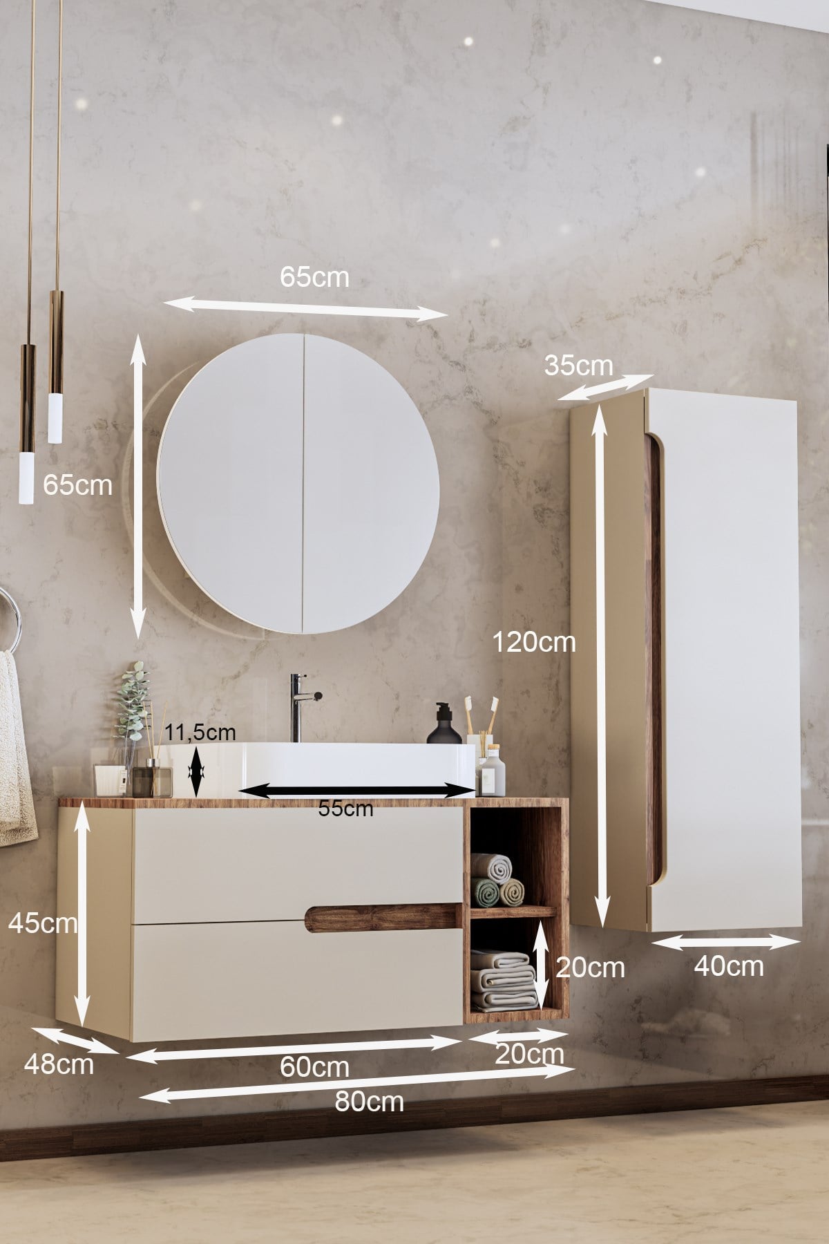 Balneom Banyo Koza 80 Cm Mat Krem Banyo Dolabı Aynalı Dolaplı Üst Dolap Raf ve Lavabo