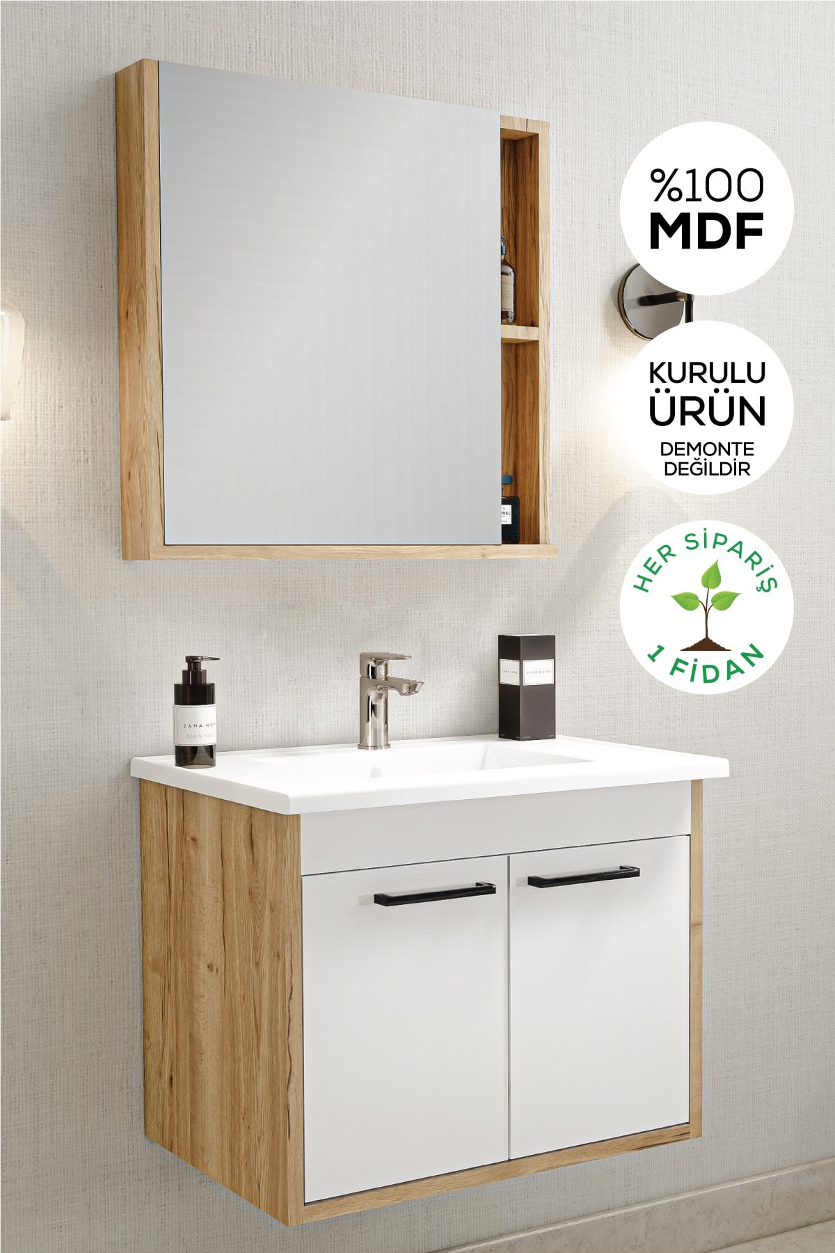 Balneom Banyo Manolya 65cm Banyo Dolabı Aynalı Dolaplı Üst Dolap Lavabo 
