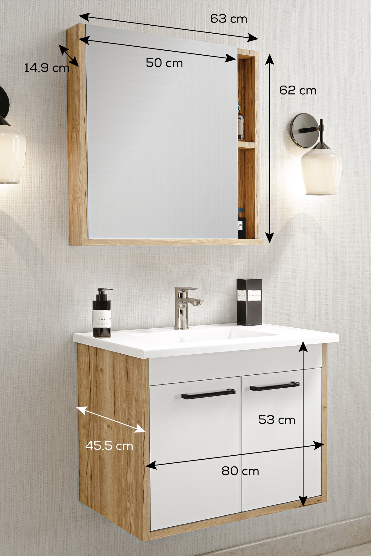 Balneom Banyo Manolya 80cm Banyo Dolabı Aynalı Dolaplı Üst Dolap Lavabo 