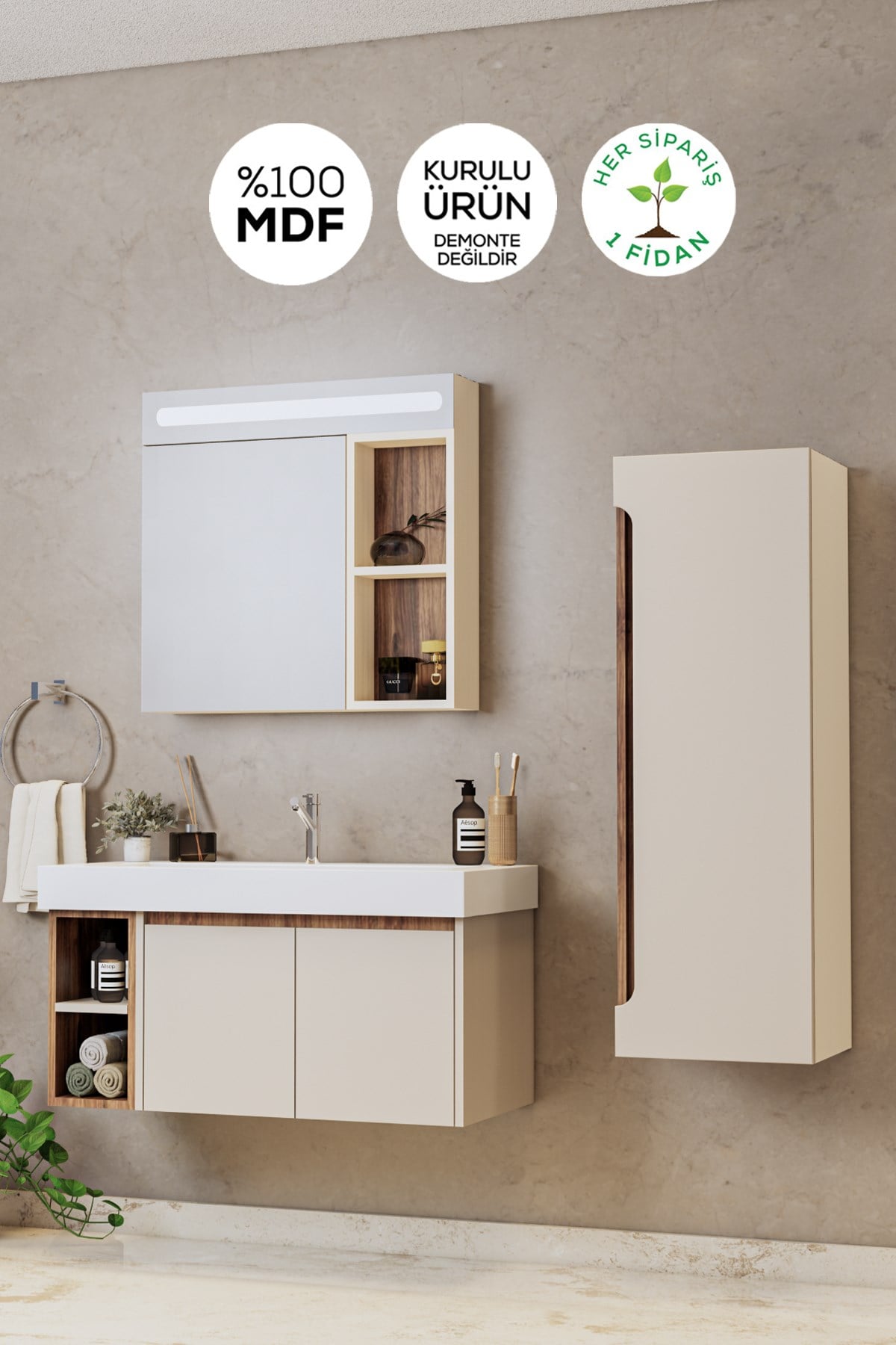 Balneom Banyo Palmiye 100 Cm Mat Krem Banyo Dolabı Aynalı Dolaplı Üst Dolap Boy Dolabı ve Lavabo