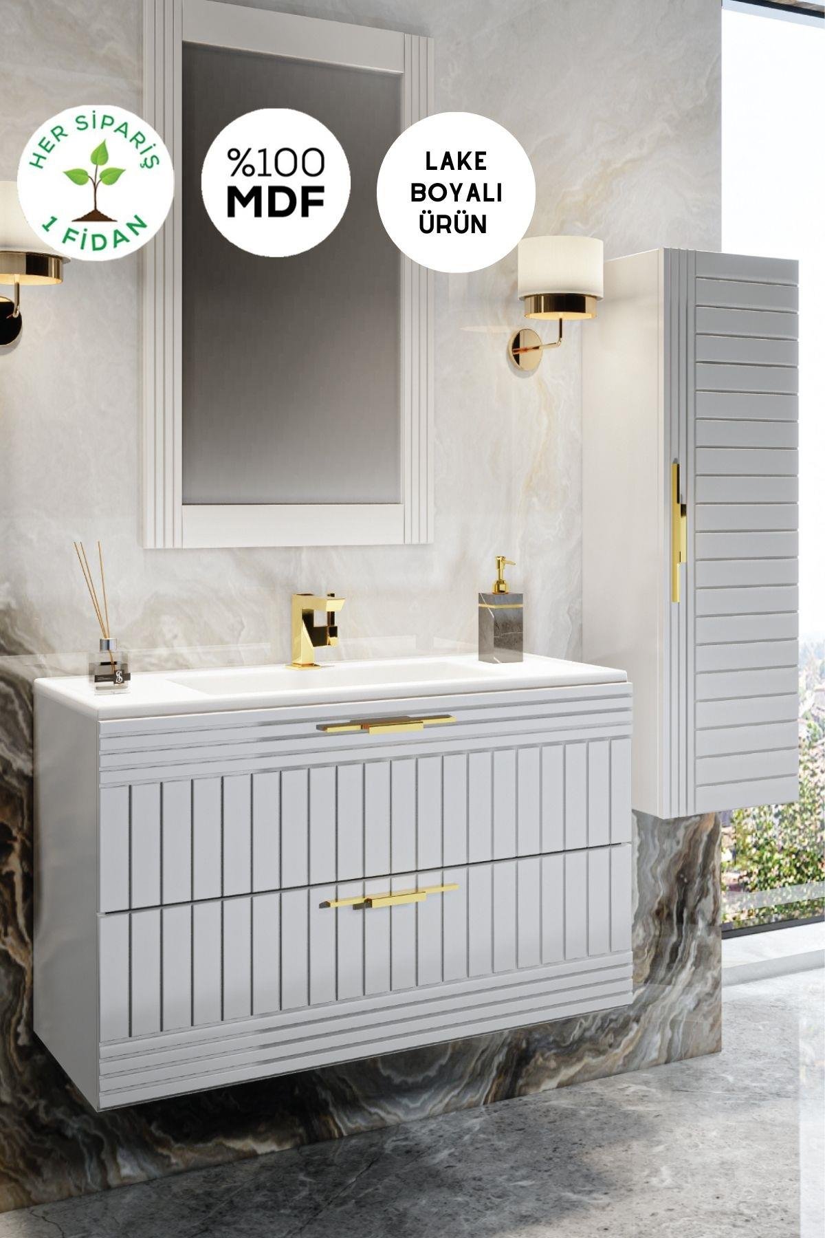 Balneom Erguvan Beyaz 100 Cm Banyo Dolabı Ayna Lavabo Boy Dolabı