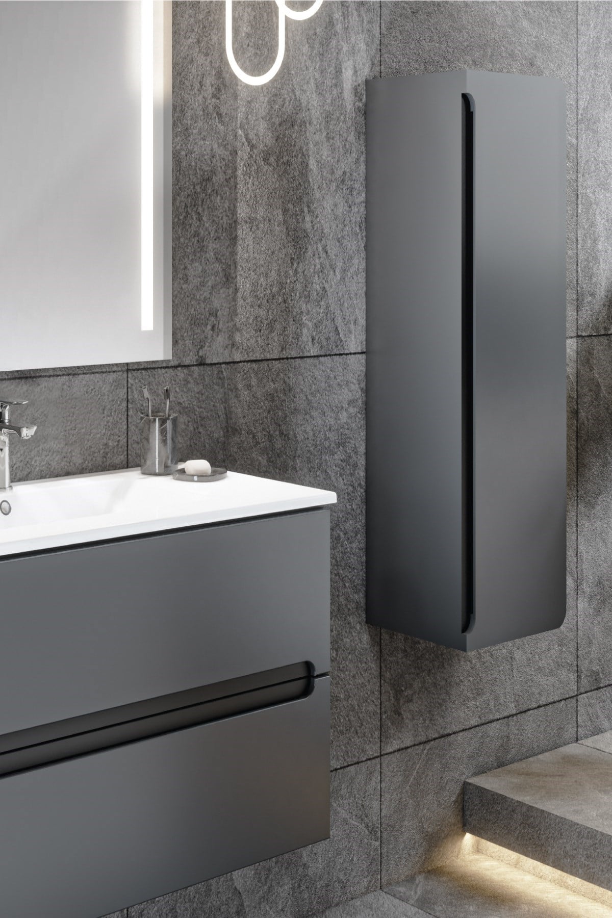 Banyo Kadife Antrasit Mat Hıgh Gloss 80 Cm Banyo Dolabı Ledli Aynalı Üst Dolap Boy Dolabı 