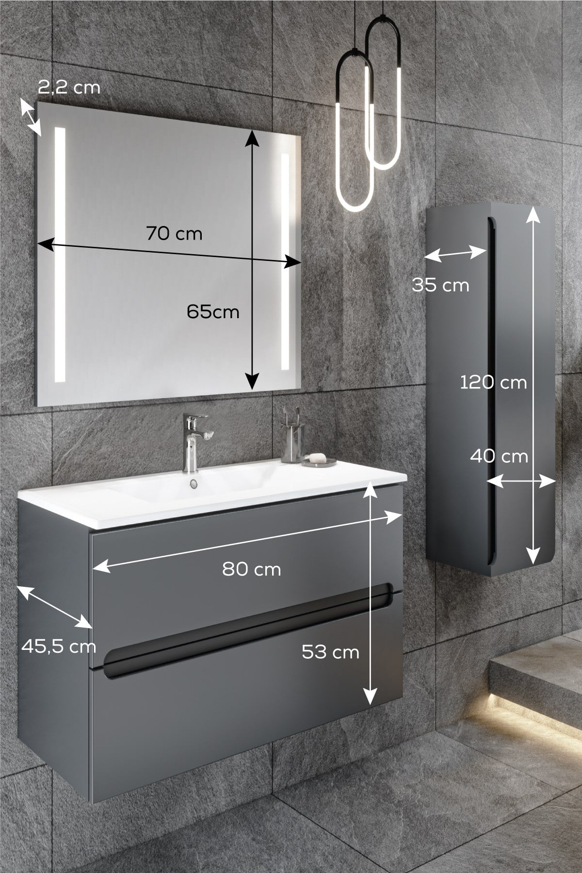 Banyo Kadife Antrasit Mat Hıgh Gloss 80 Cm Banyo Dolabı Ledli Aynalı Üst Dolap Boy Dolabı 
