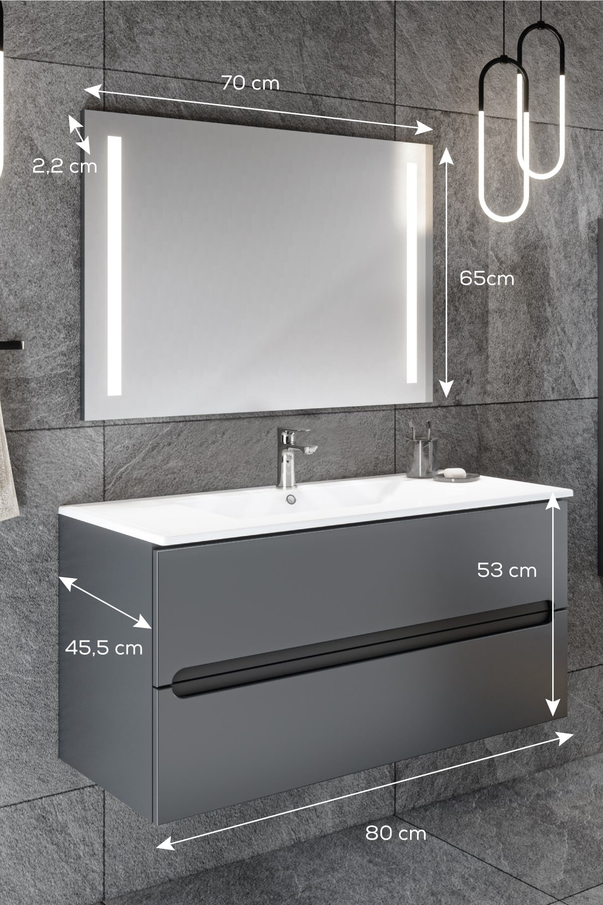 Banyo Kadife Antrasit Soft Mat Hıgh Gloss 80 Cm Banyo Dolabı Led Işıklı Aynalı Üst Dolap 
