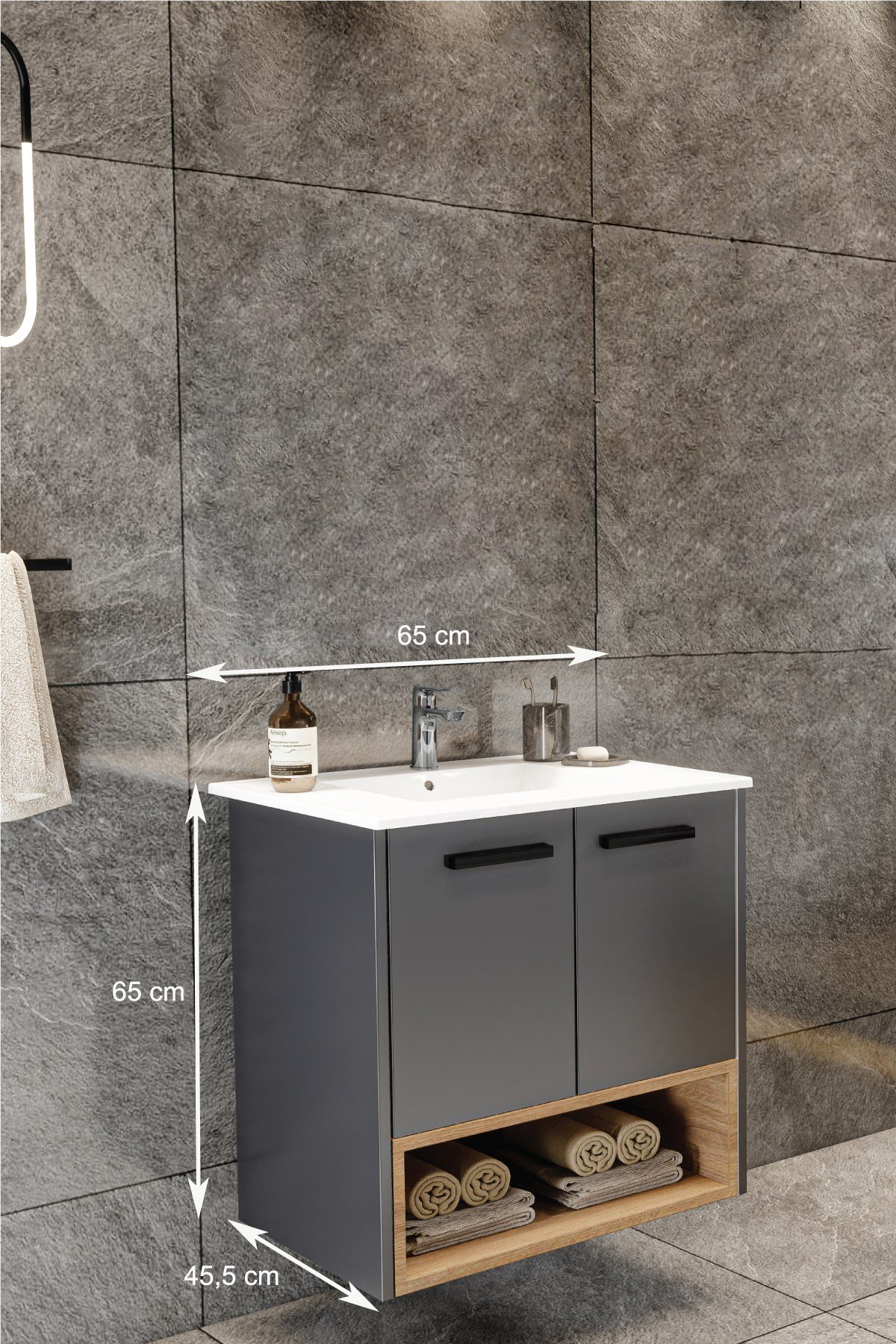 Banyo Karanfil 65 Cm Antrasit Banyo Dolabı Lavabo 