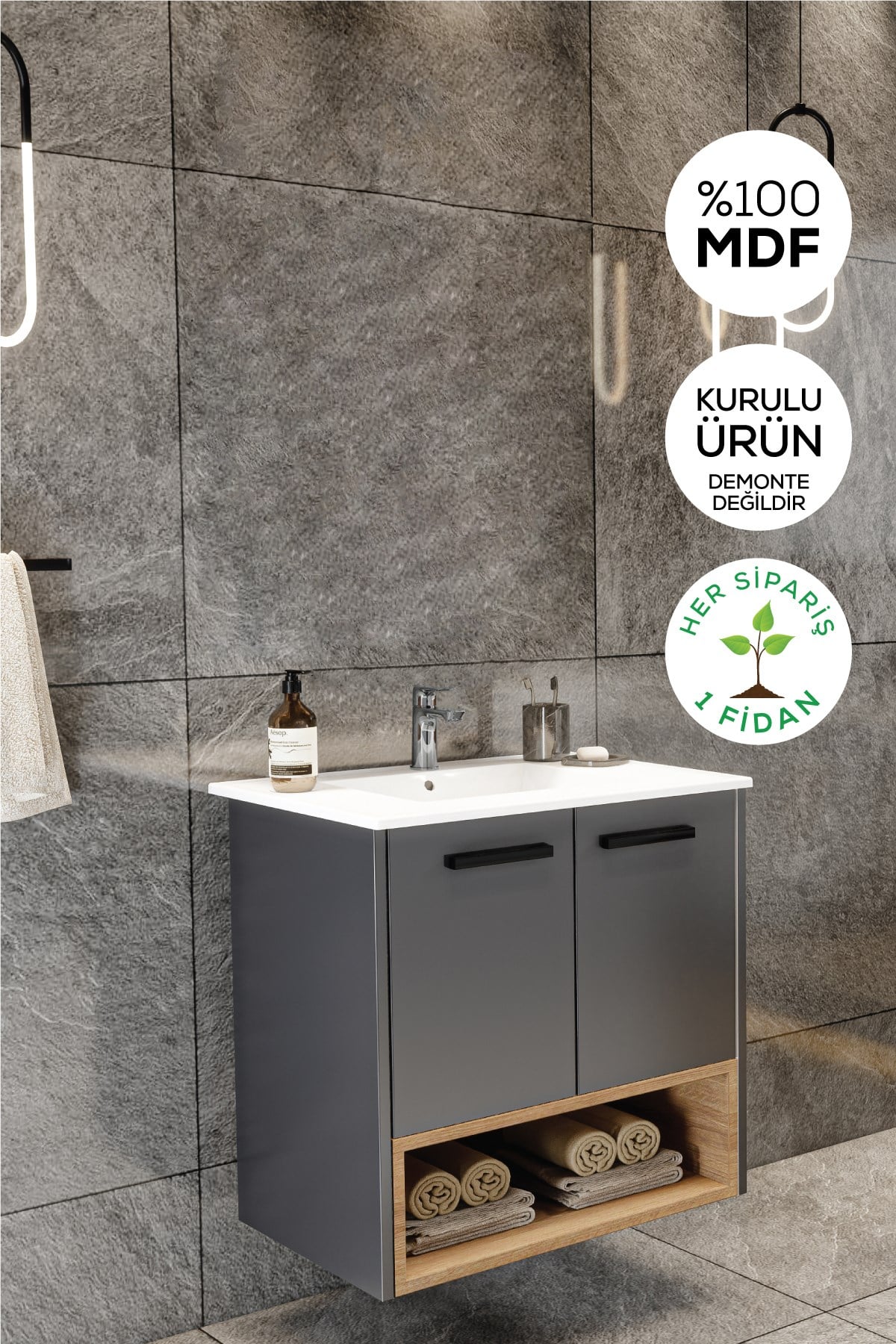 Banyo Karanfil 65 Cm Antrasit Banyo Dolabı Lavabo 