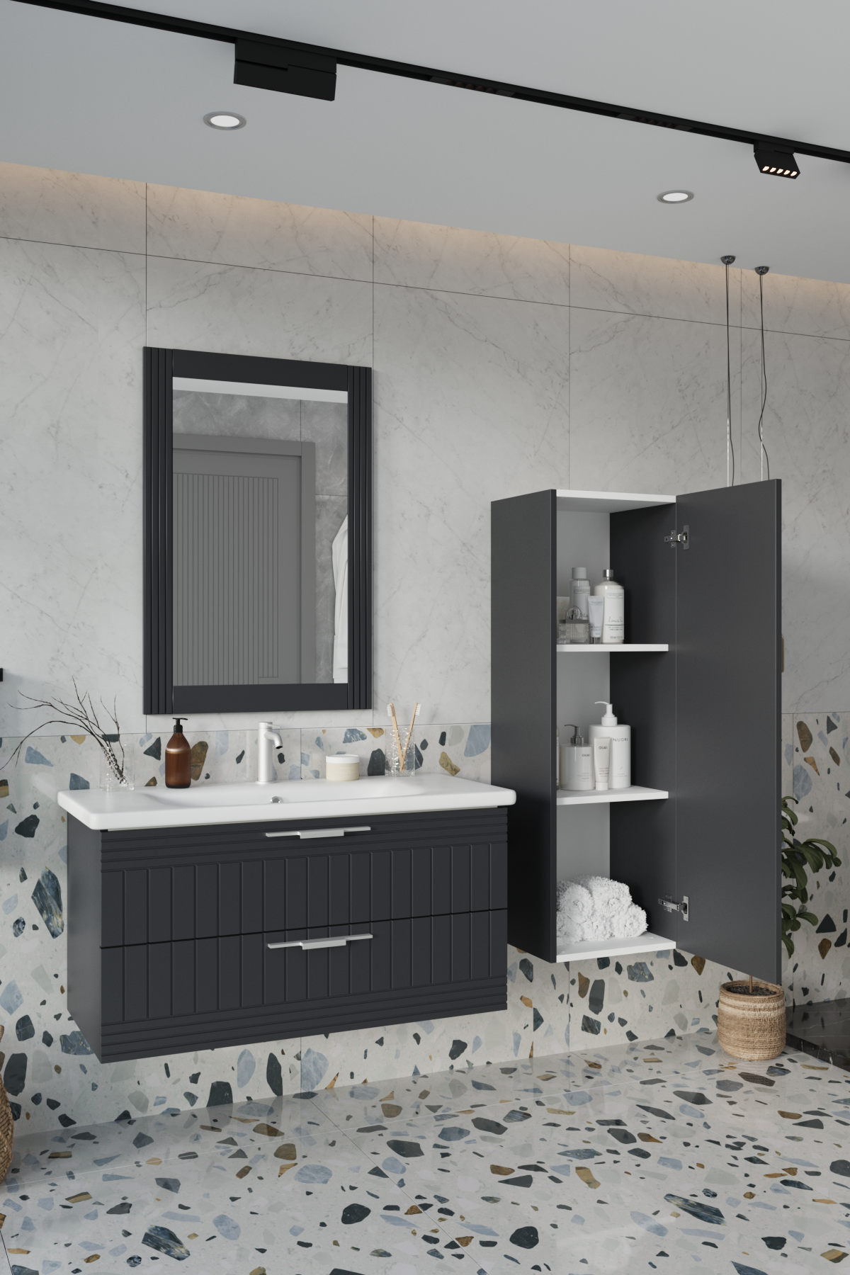 Erguvan ANT Gümüş Kulp 100 Cm Banyo Dolabı Ayna Lavabo Boy Dolabı_Erguvan ANT Gümüş Kulplu Demonte 100 Cm Banyo Dolabı Ayna Lavabo Boy Dolabı | Balneom_BALNEOM_ERGUVAN ANTRASİT GÜMÜŞ KULPLU  100 SET