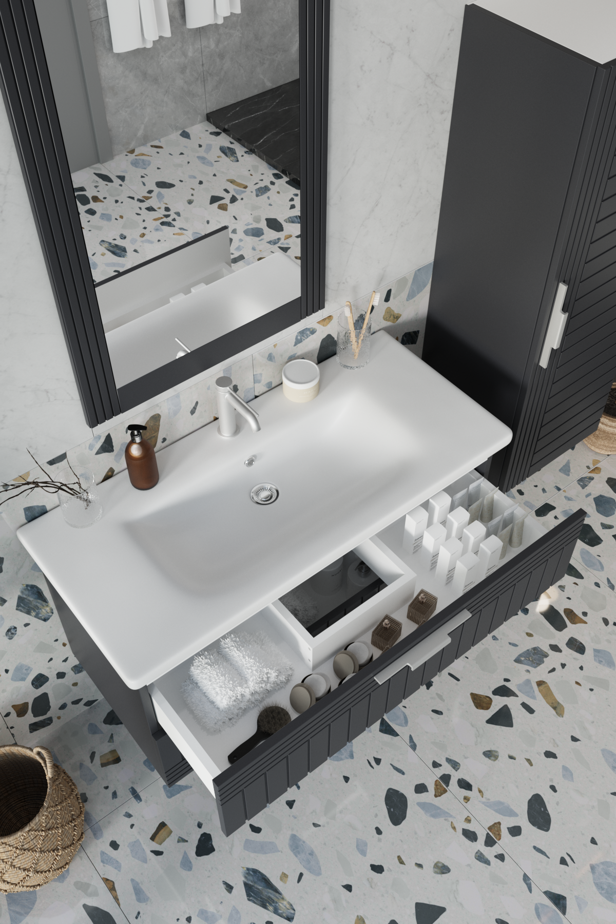 Erguvan ANT Gümüş Kulp 100 Cm Banyo Dolabı Ayna Lavabo Boy Dolabı_Erguvan ANT Gümüş Kulplu Demonte 100 Cm Banyo Dolabı Ayna Lavabo Boy Dolabı | Balneom_BALNEOM_ERGUVAN ANTRASİT GÜMÜŞ KULPLU  100 SET