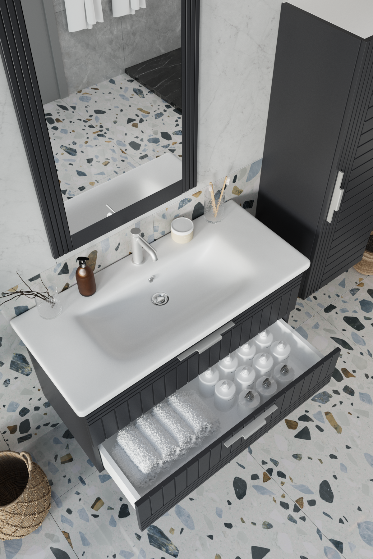 Erguvan ANT Gümüş Kulp 100 Cm Banyo Dolabı Ayna Lavabo Boy Dolabı_Erguvan ANT Gümüş Kulplu Demonte 100 Cm Banyo Dolabı Ayna Lavabo Boy Dolabı | Balneom_BALNEOM_ERGUVAN ANTRASİT GÜMÜŞ KULPLU  100 SET