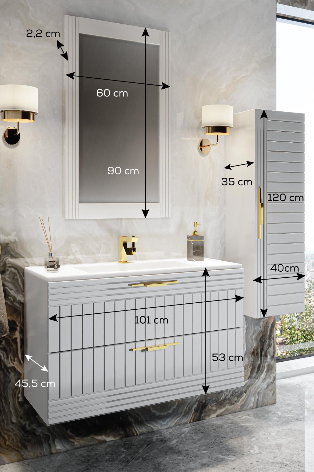 ERGUVAN BEYAZ 100 Cm Banyo Dolabı Ayna Lavabo Boy Dolabı