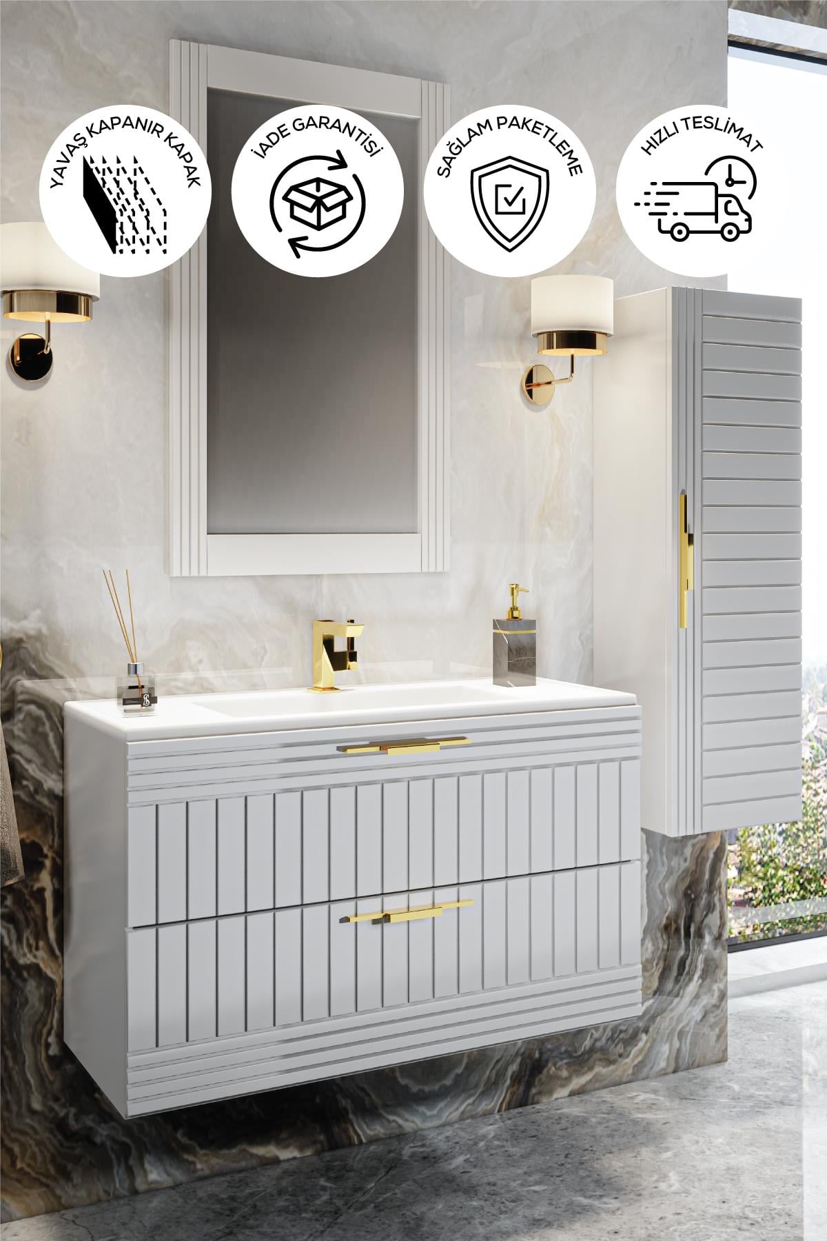 ERGUVAN BEYAZ 100 Cm Banyo Dolabı Ayna Lavabo Boy Dolabı