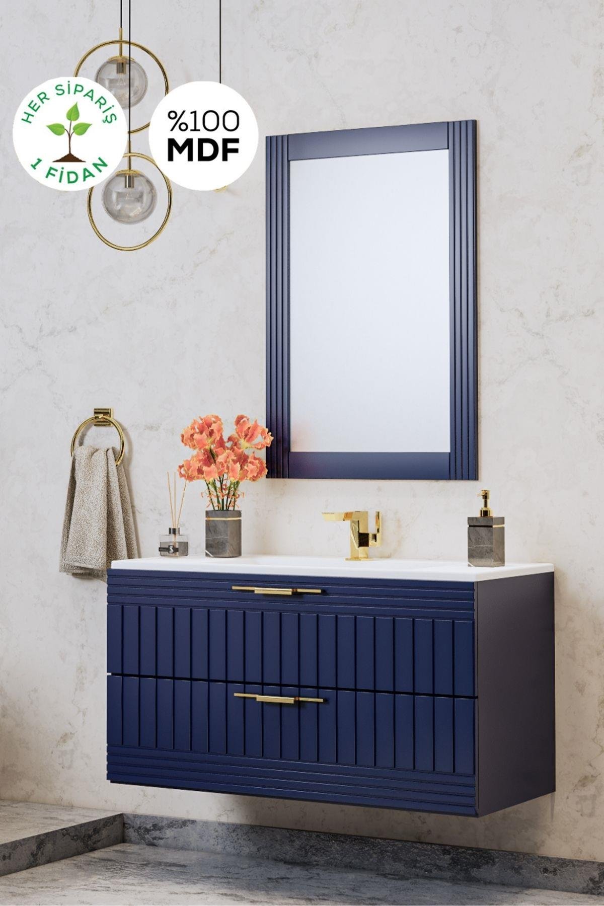 Erguvan Lacivert 100 Cm Banyo Dolabı Ayna Lavabo 