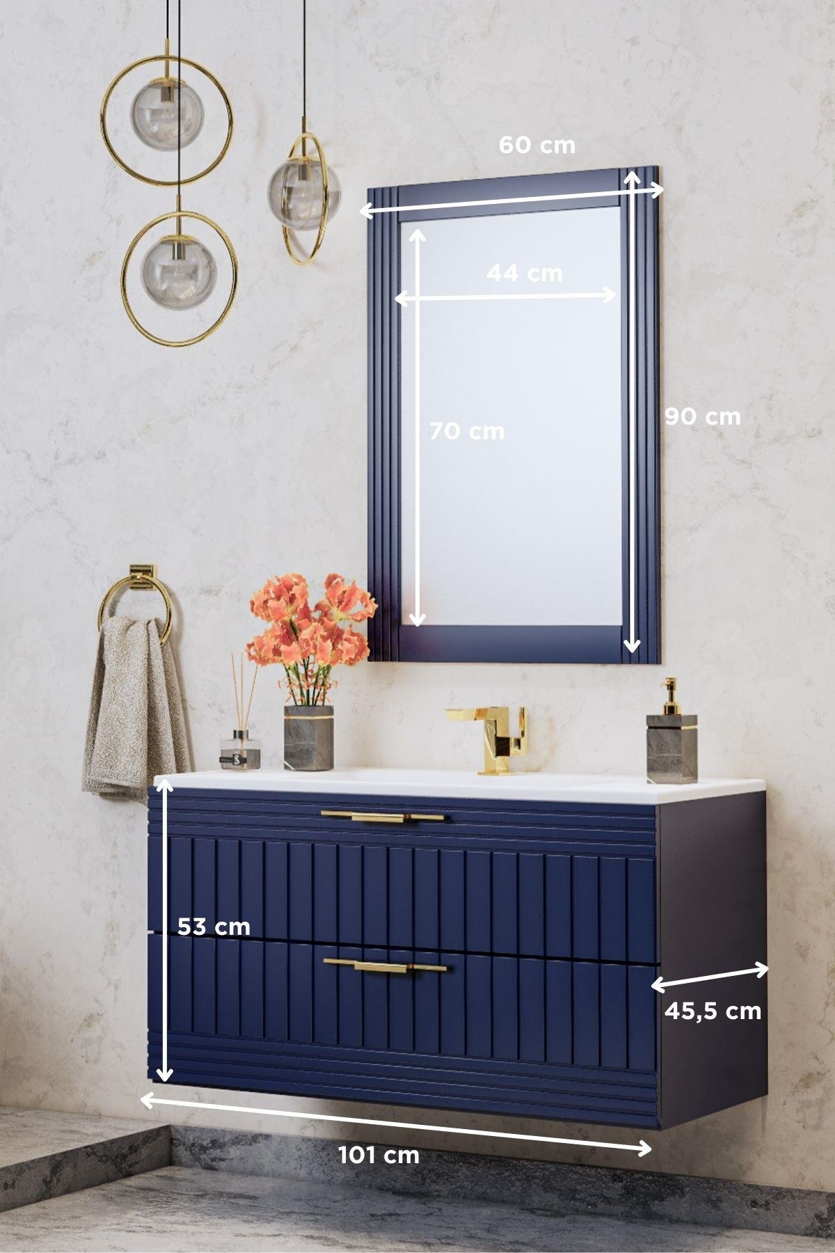 Erguvan Lacivert 100 Cm Banyo Dolabı Ayna Lavabo 