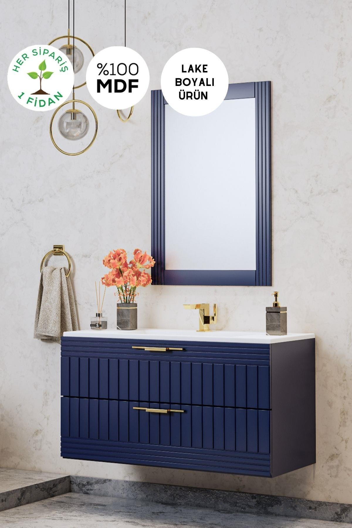 Erguvan Lacivert 100 Cm Banyo Dolabı Ayna Lavabo 