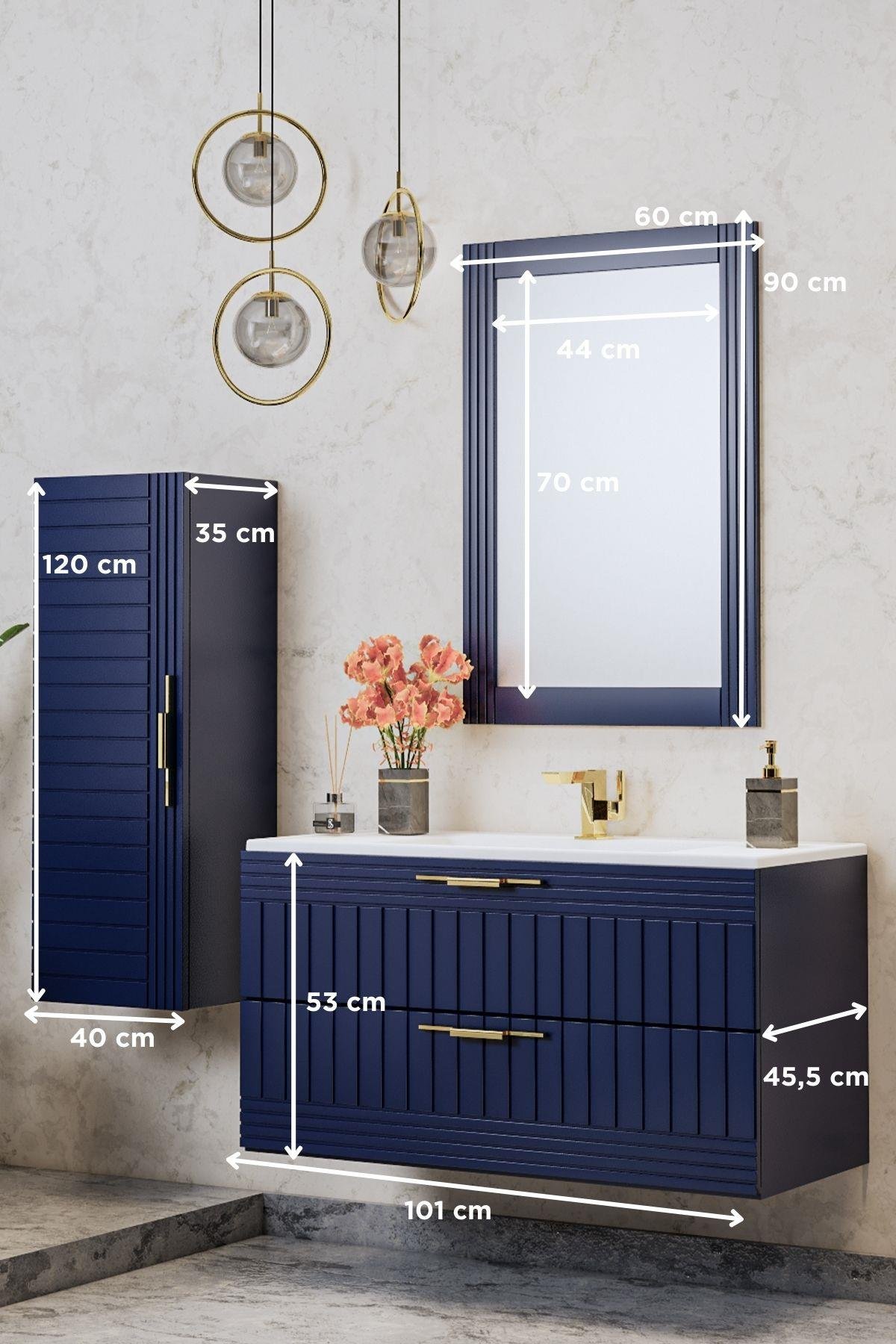 ERGUVAN LACİVERT 100 Cm Banyo Dolabı Ayna Lavabo Boy Dolabı